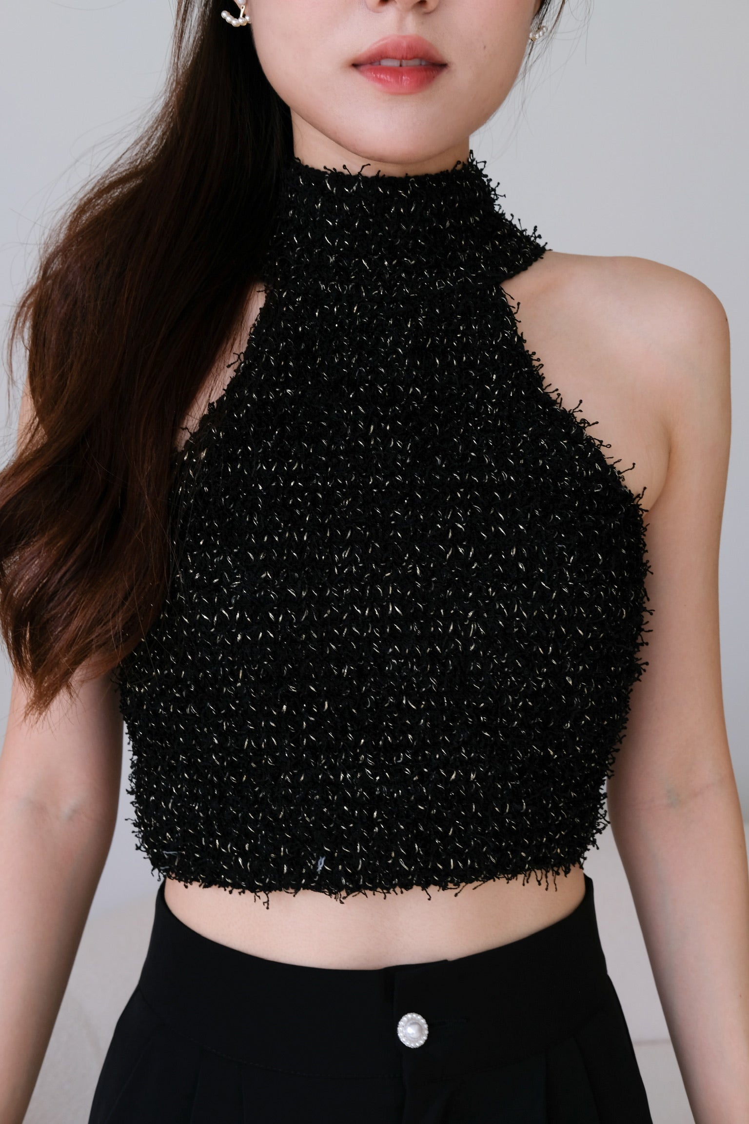 Hana Halter Tweed Crop (Black)