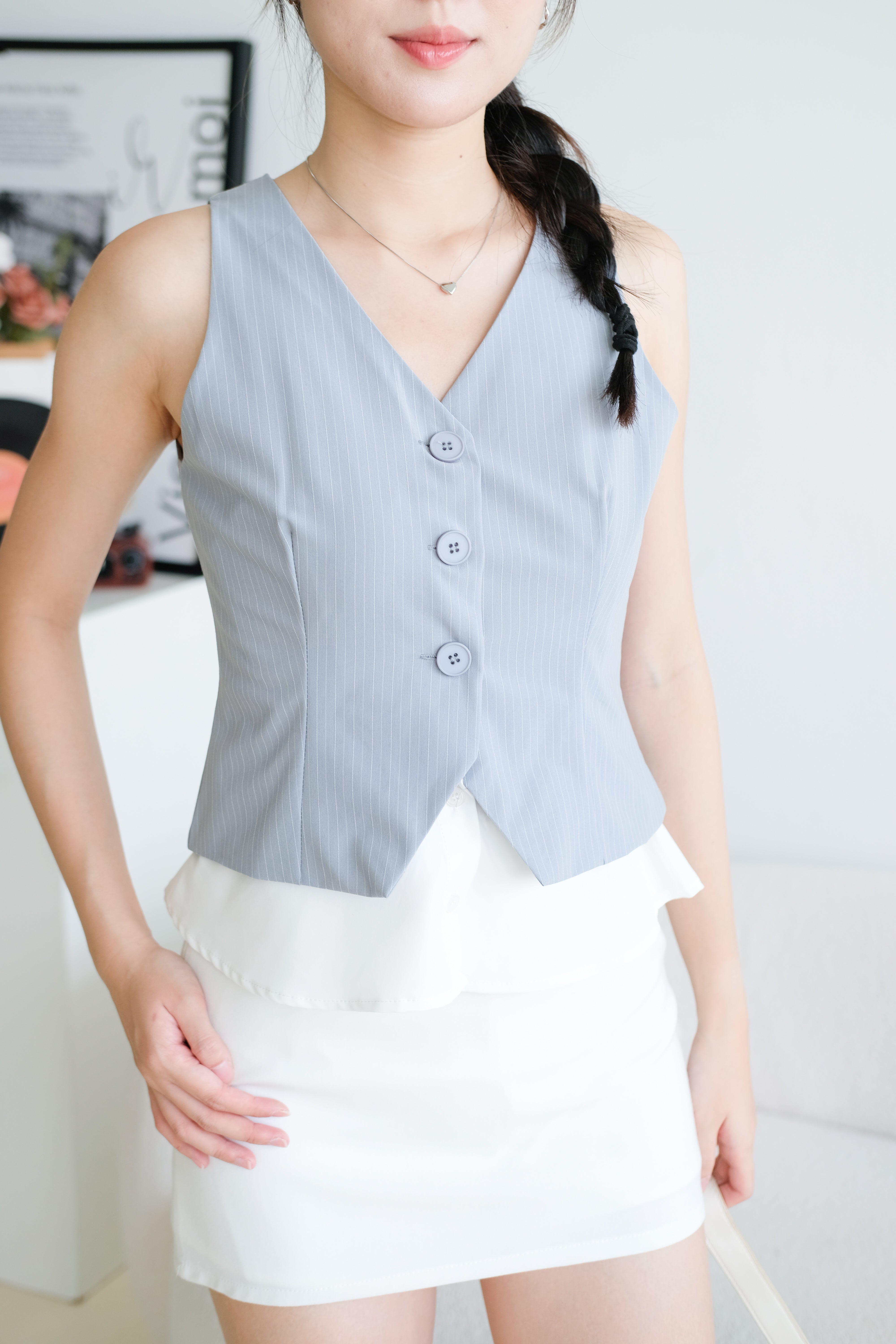 Veen Pinstripe Contrast Vest Top (Dusty Blue)
