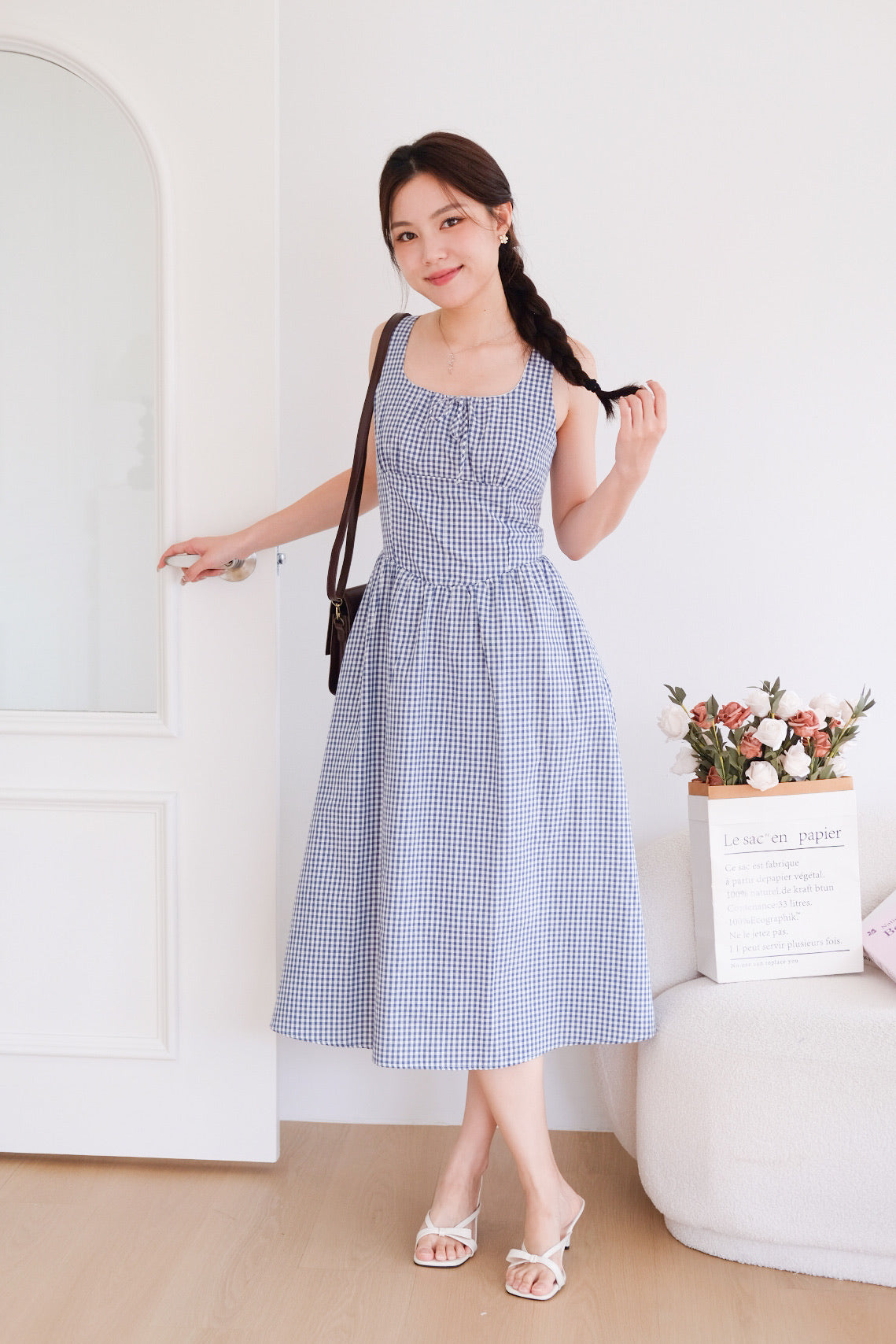 Carmie Thick Waist Midi Dress (Blue Plaid)