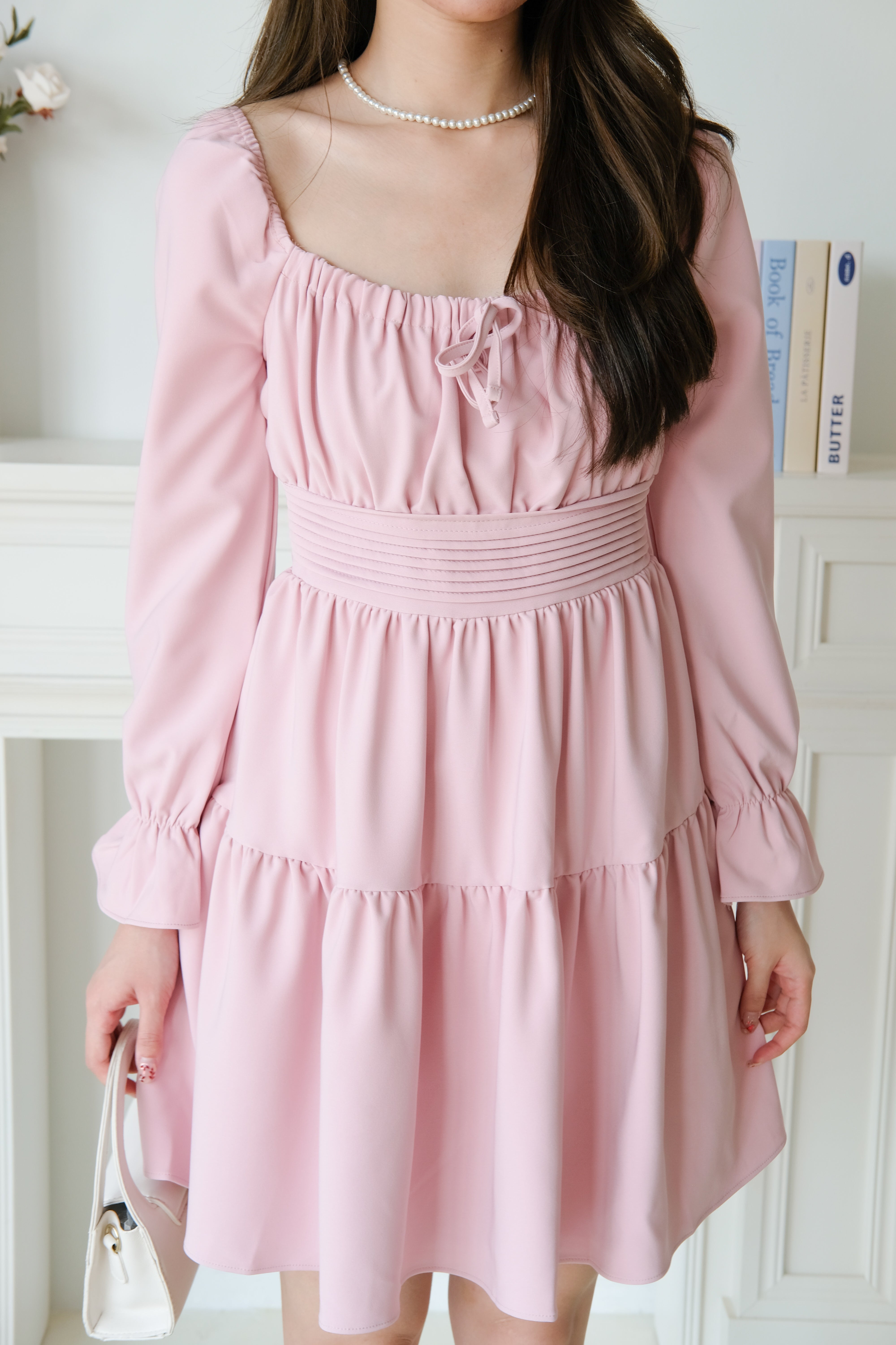 Destiny Ruched Long Sleeves Dress (Pink)