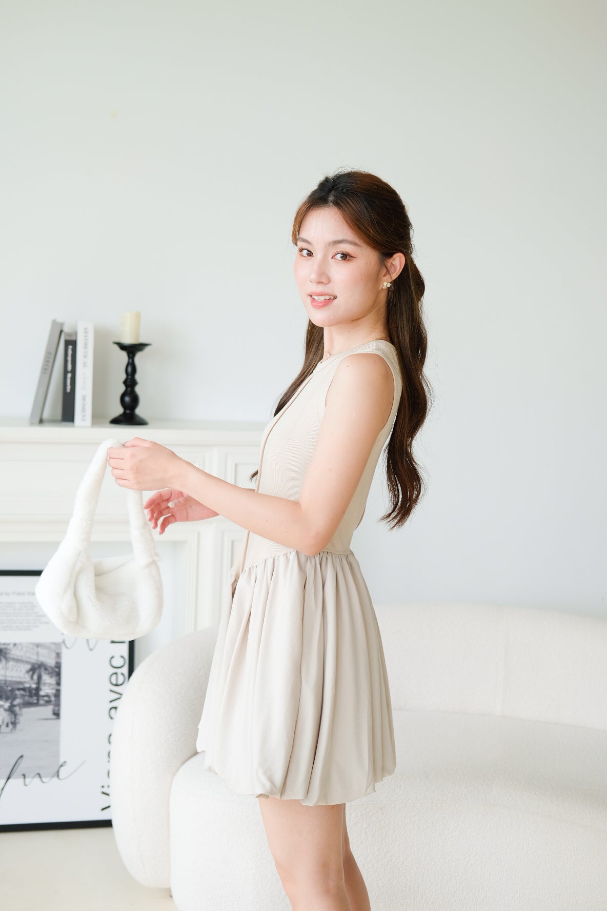 Carmen Ribbed Bubble Dress (Ecru)
