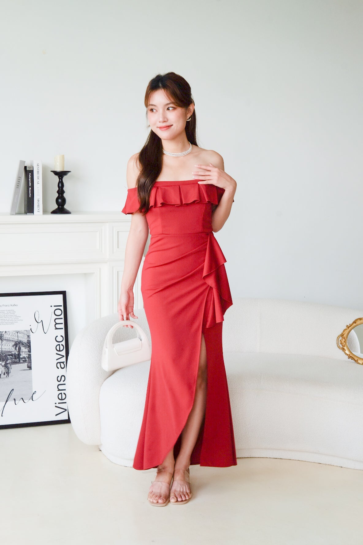 Dione Off Shoulder Slit Dinner Maxi Dress (Wine)