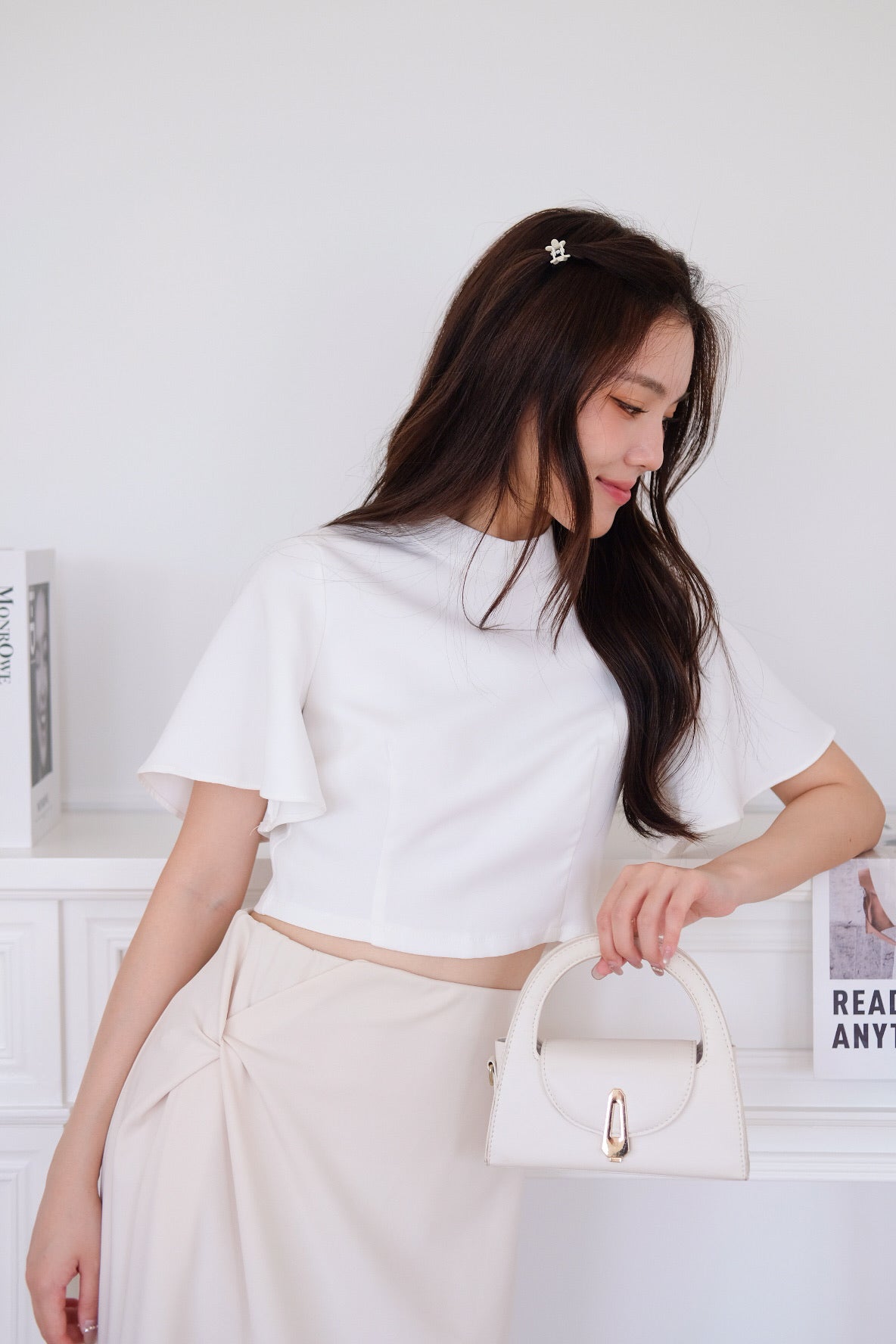 Veena Flutter Sleeves High Neck Top (White)