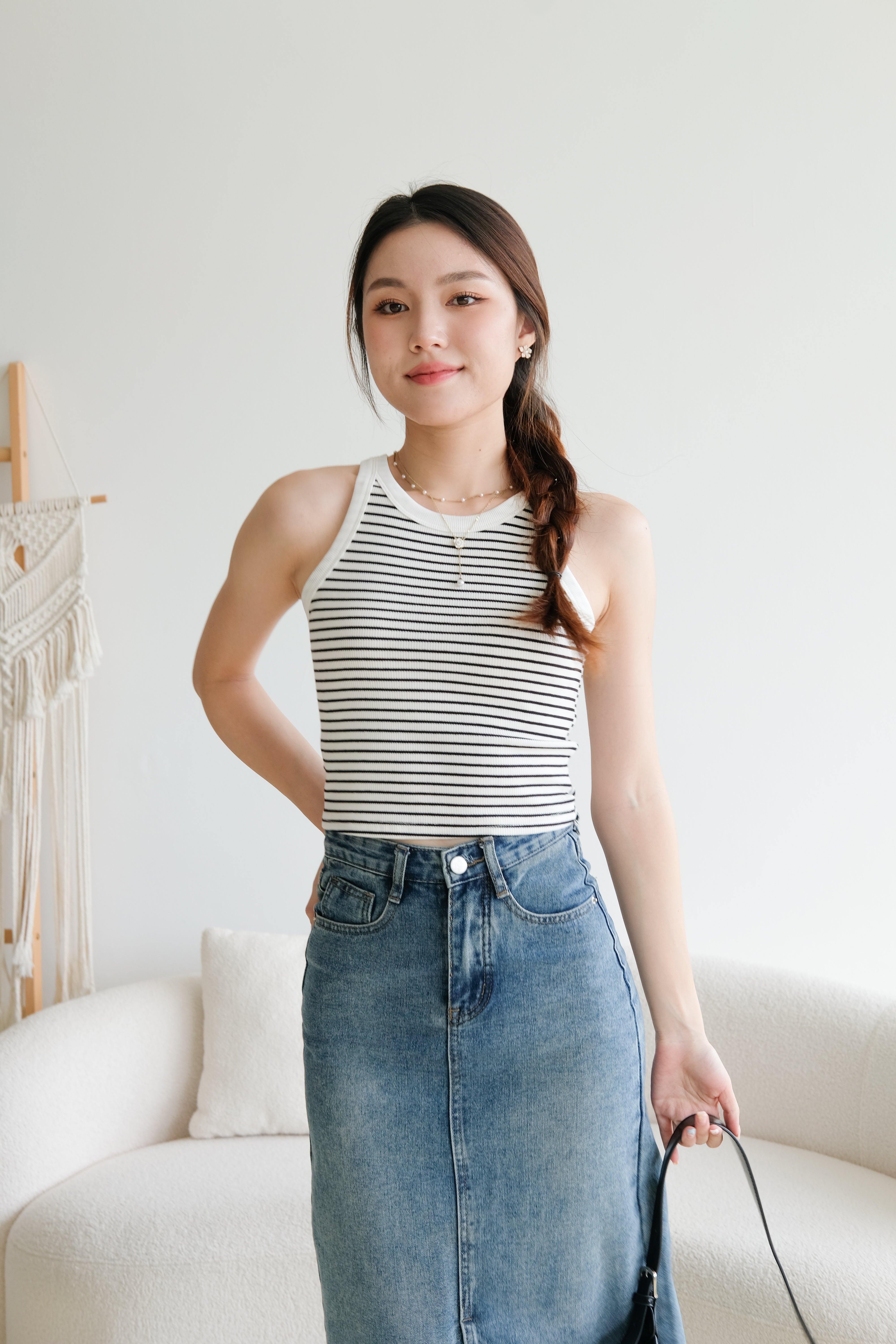 Harper Contrast Halter Crop (White Stripes)