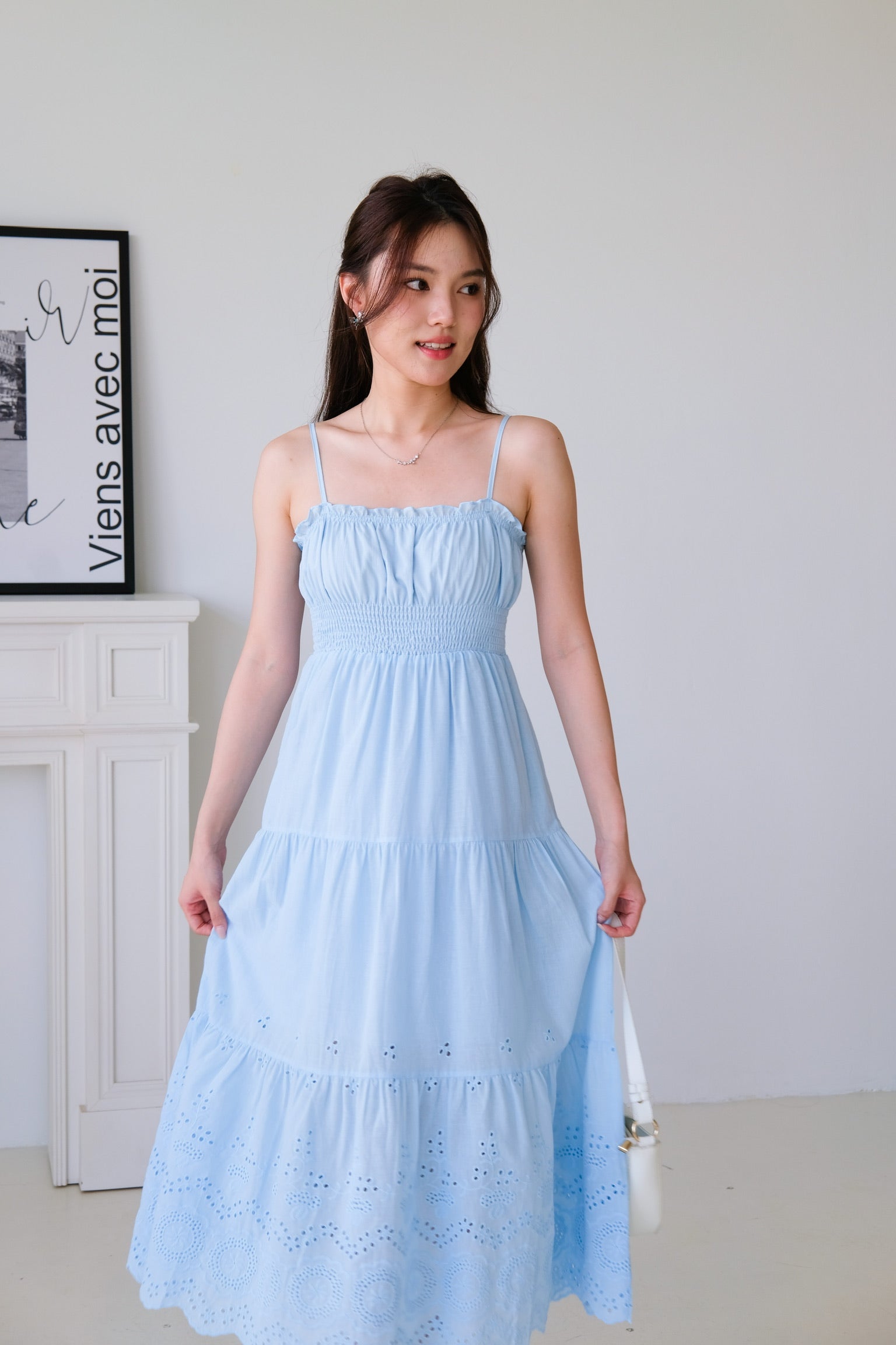 Adelaide Smocked Eyelet Maxi Dress (Sea Blue)