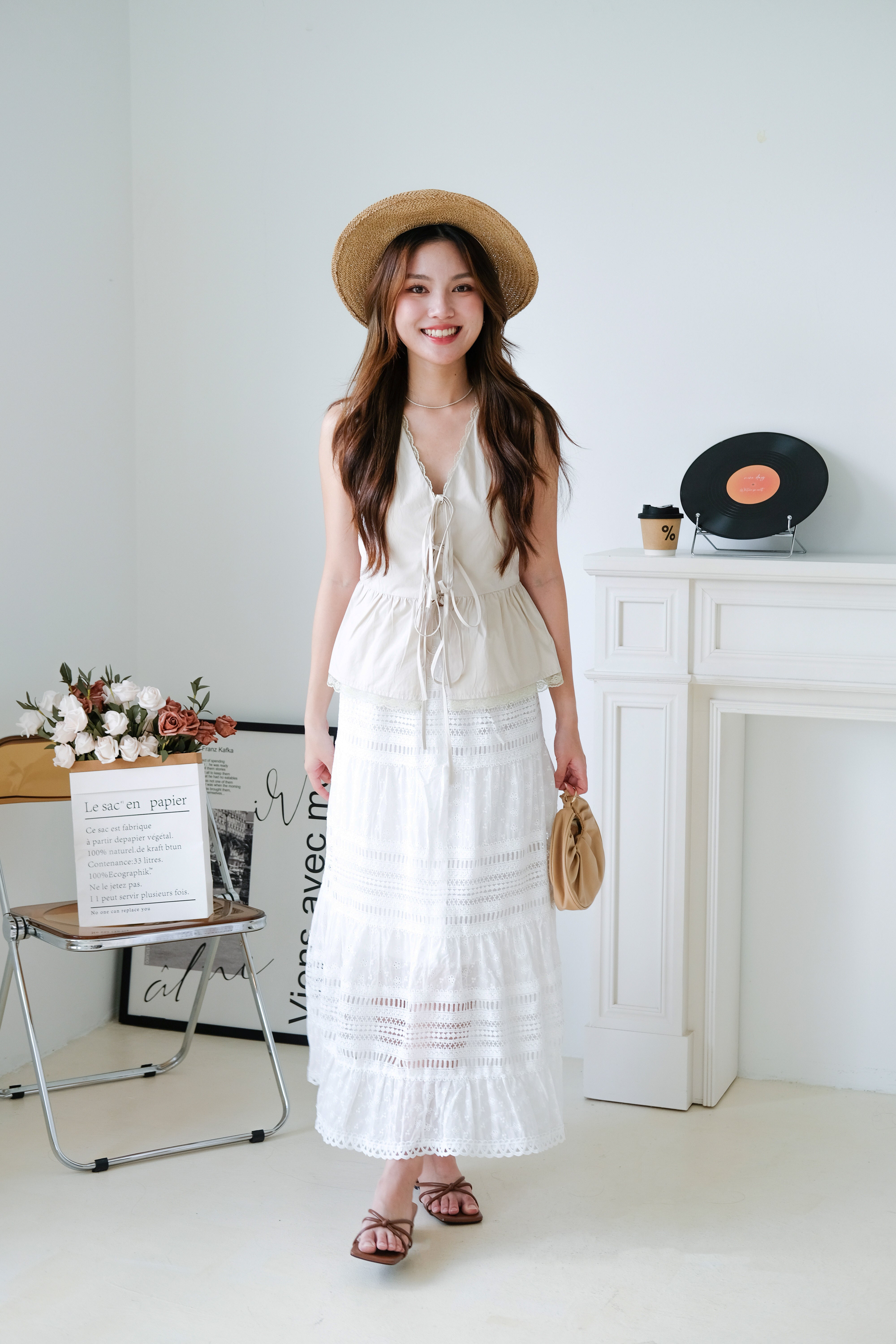Jeanne Lace Drawstring Peplum Top (Taupe)