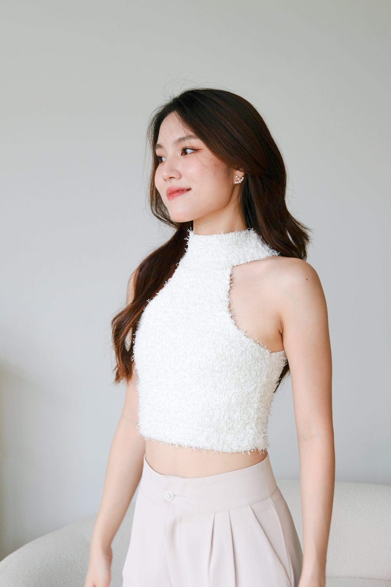 Hana Halter Tweed Crop (Pearl White)