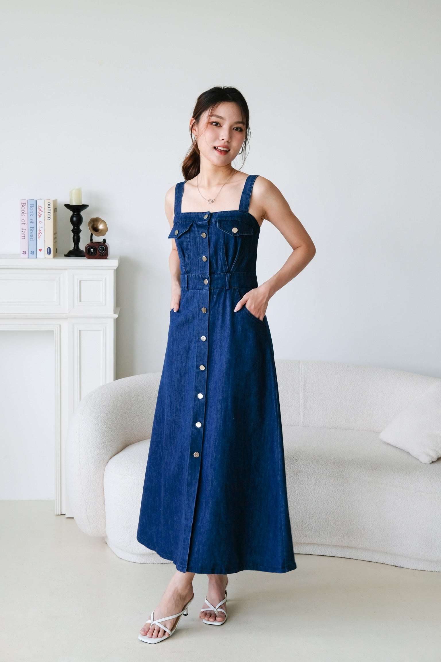 Ean Button Down Denim Maxi Dress (Dark Blue)