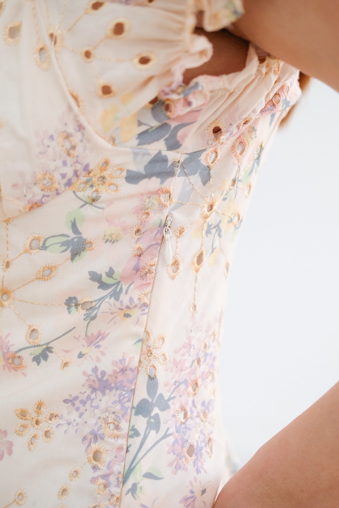 Beige Floral Ribbon Organza Midi Dress