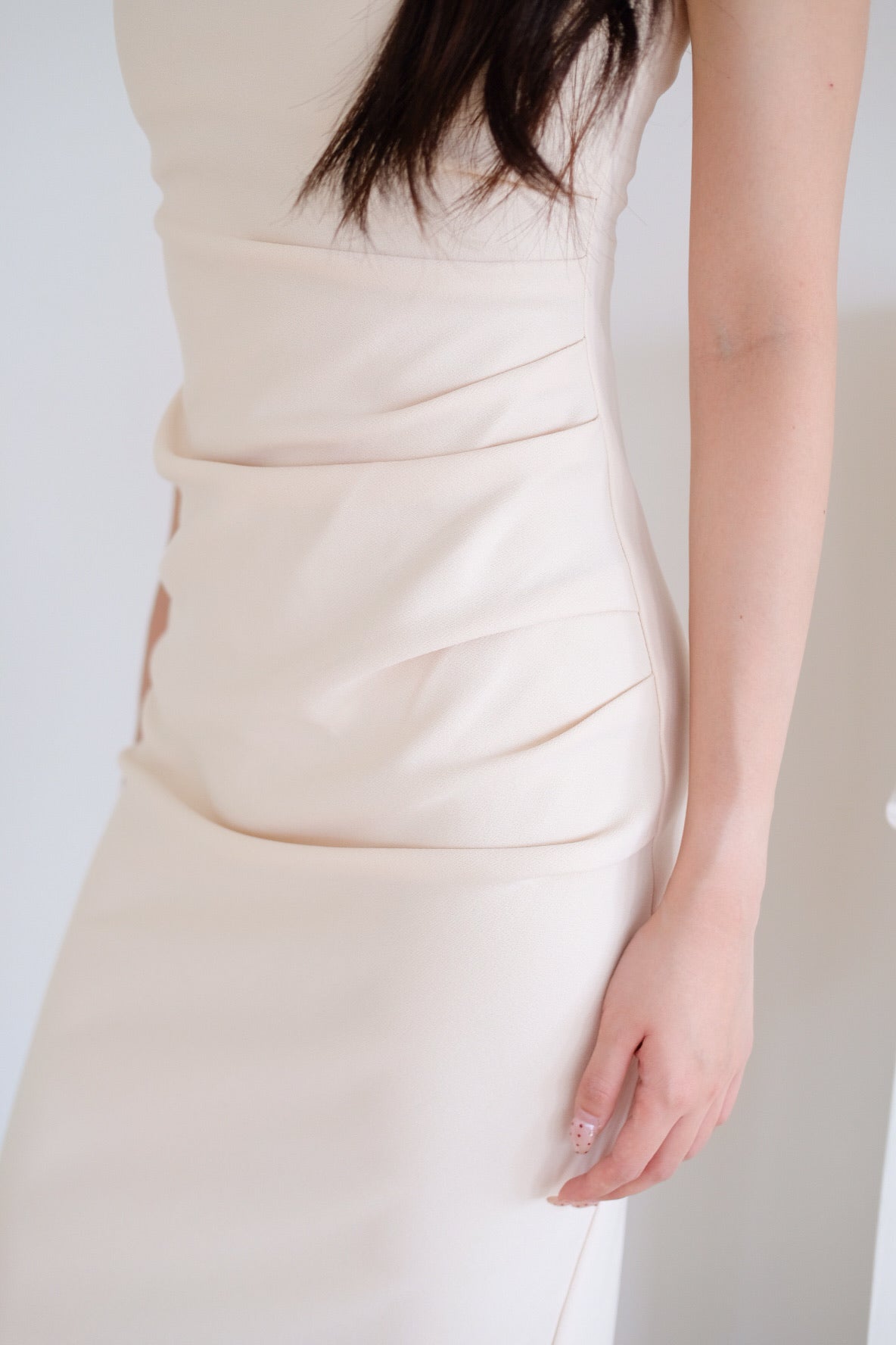 Claude Ruched Slim Fit Midi Dress (Warm Beige)