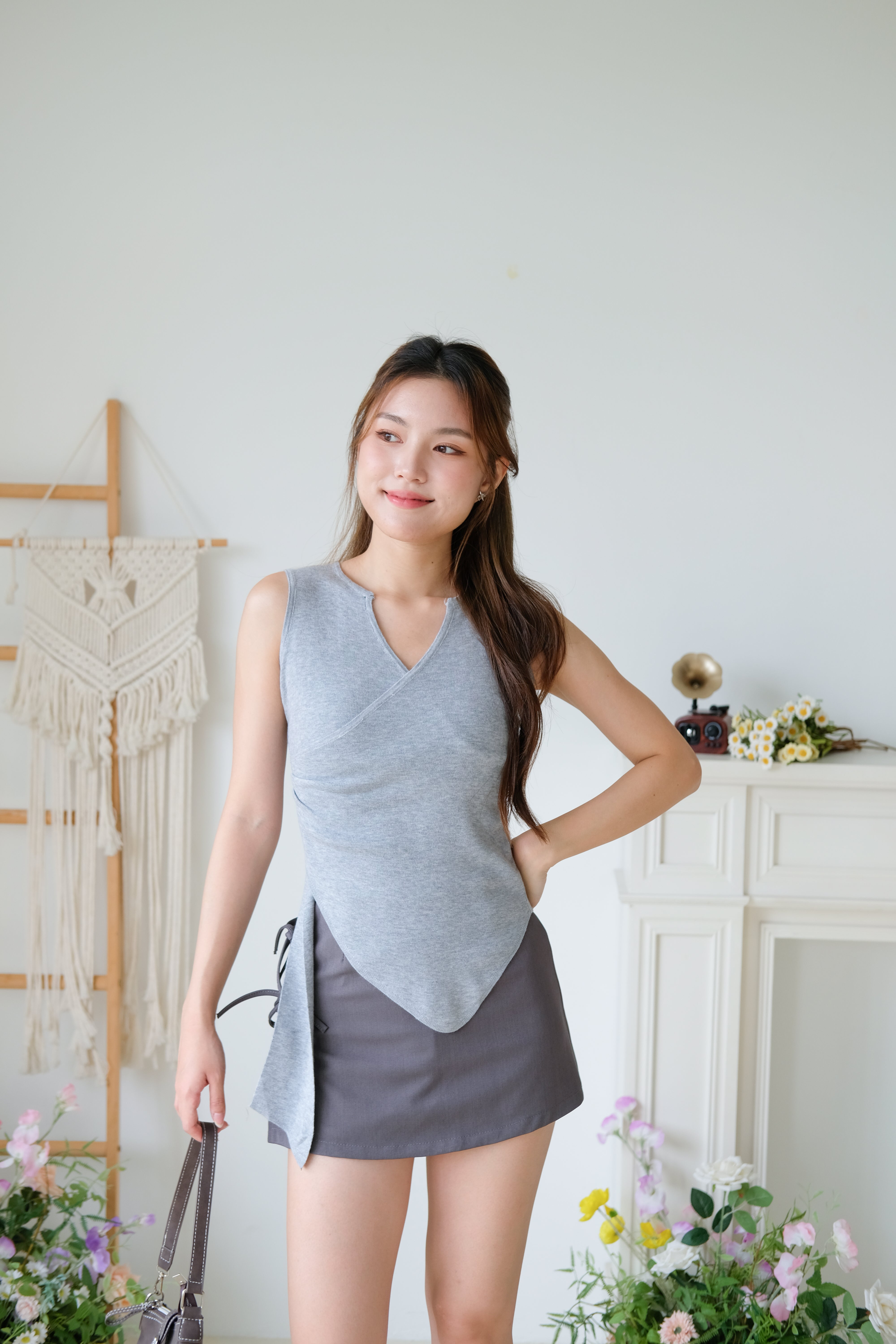 Yukee Wrapped Asymmetrical Knit Top (Grey)