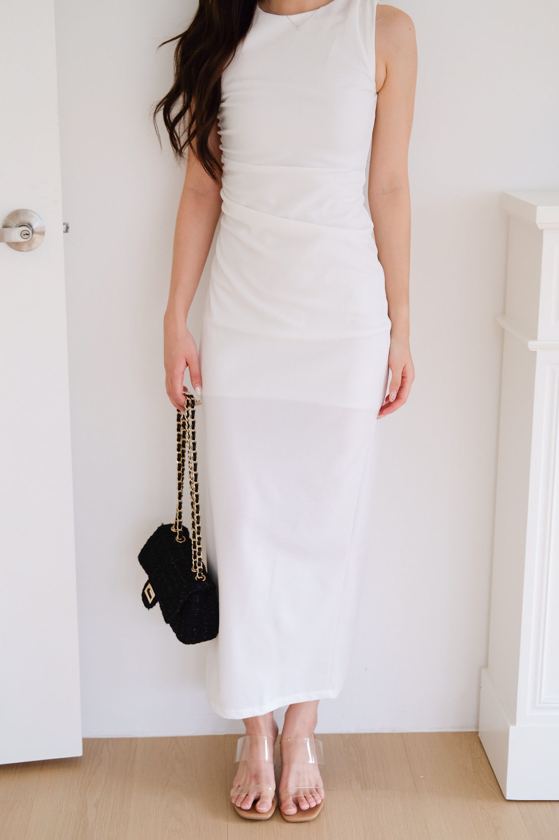 Brianna Ruched Jewel Bodycon Maxi Dress (White)