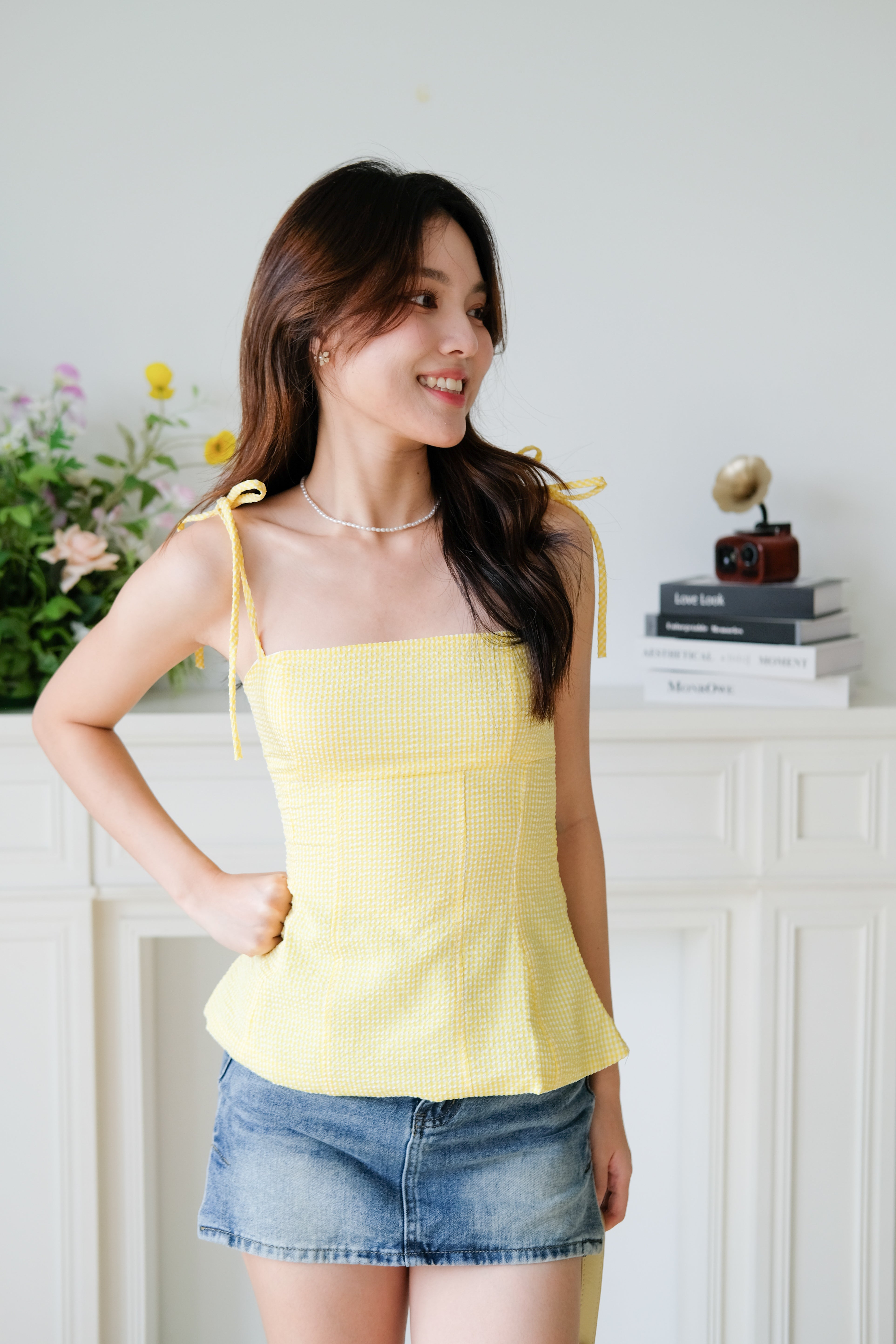 Marilyn Self Tie Ribbon Top (Gingham Yellow)