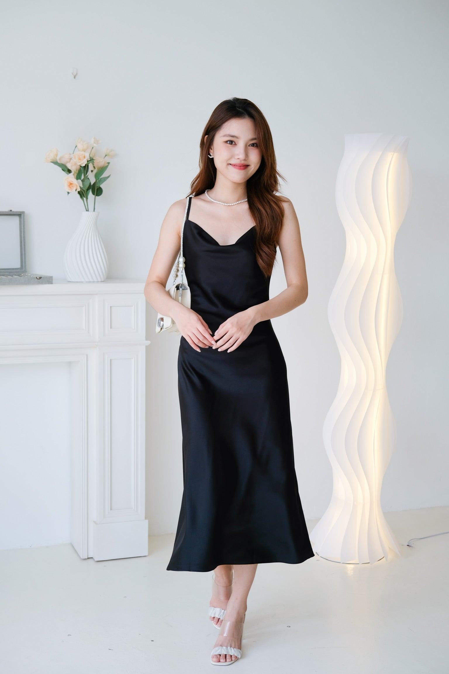 Elara Draped Satin Slip Dress (Black)