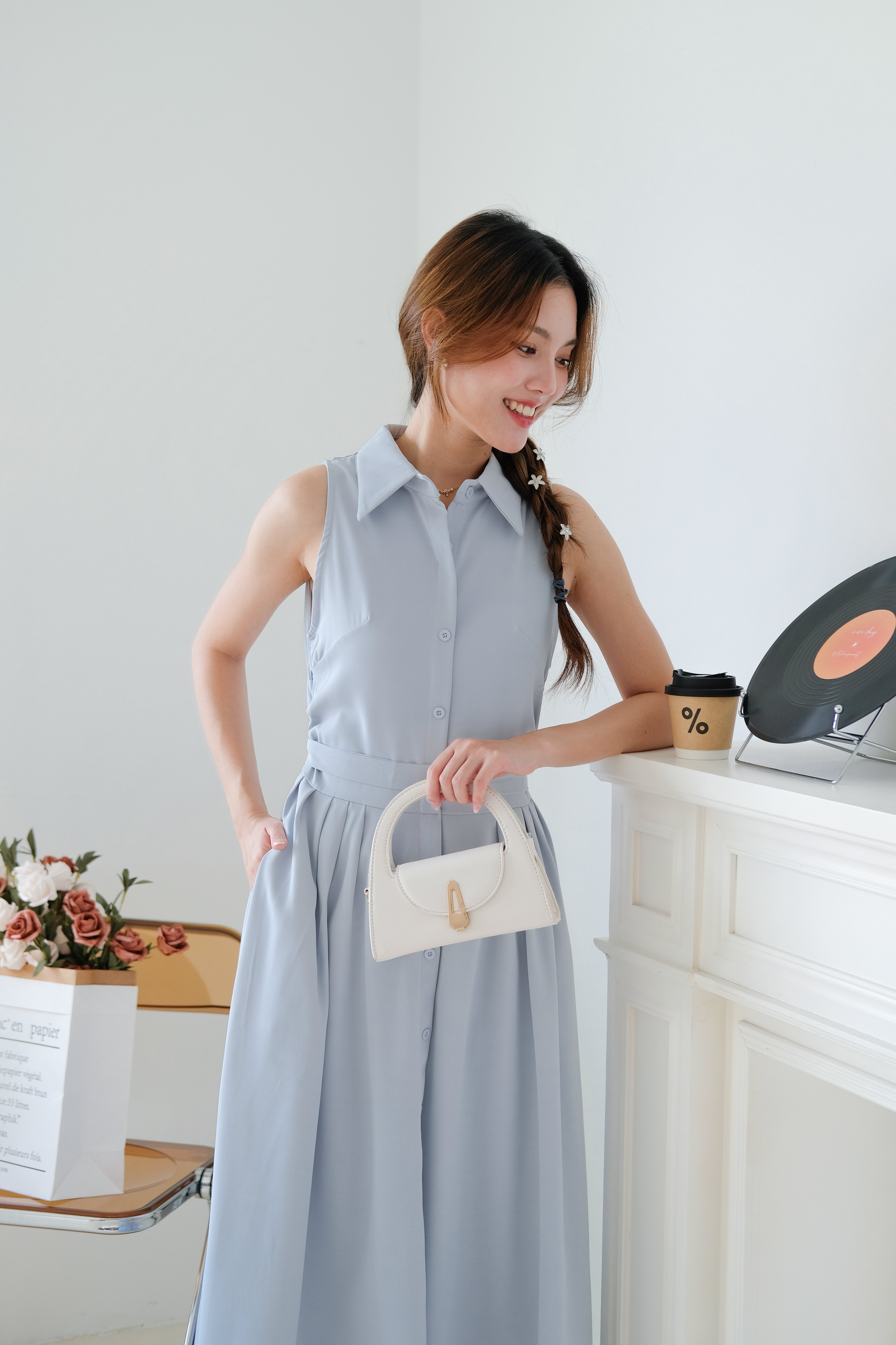 Camille Cinched Waist Collared Maxi Dress (Dusty Blue)