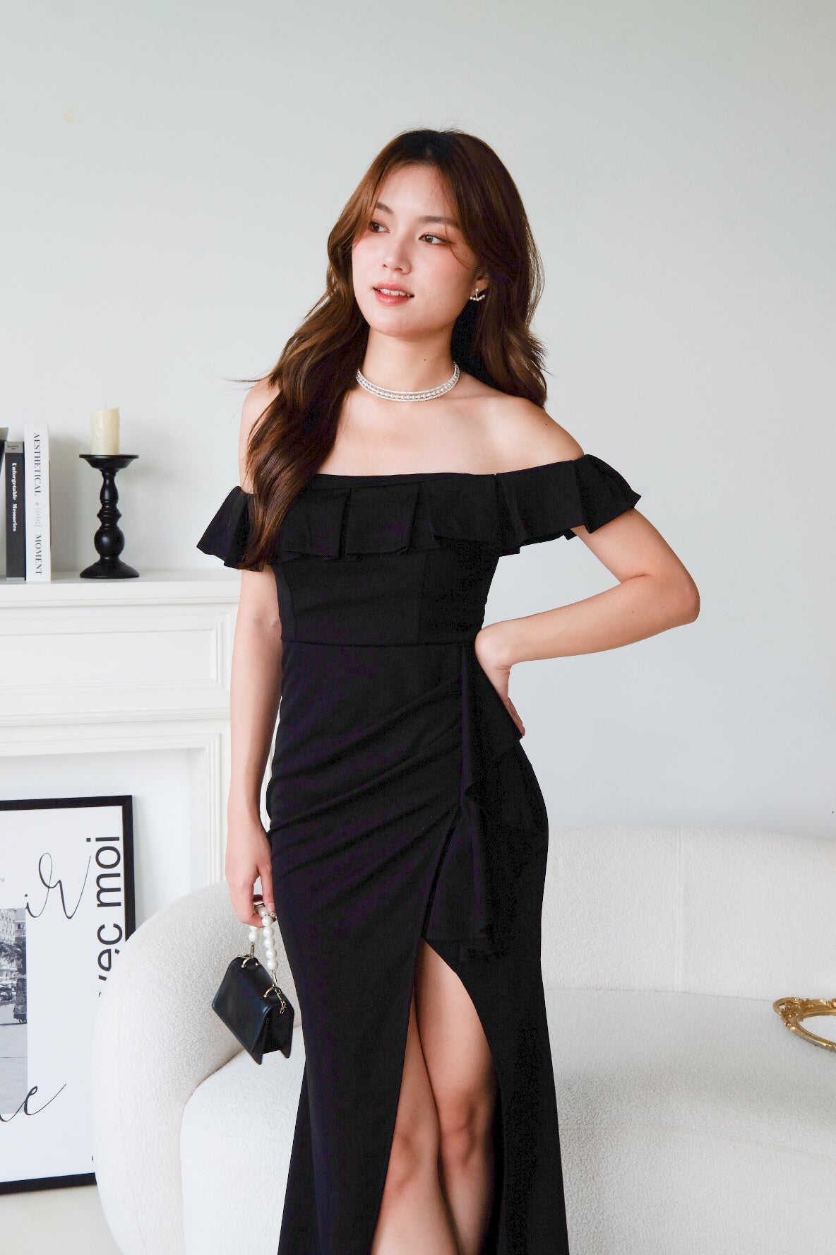 Dione Off Shoulder Slit Dinner Maxi Dress (Black)