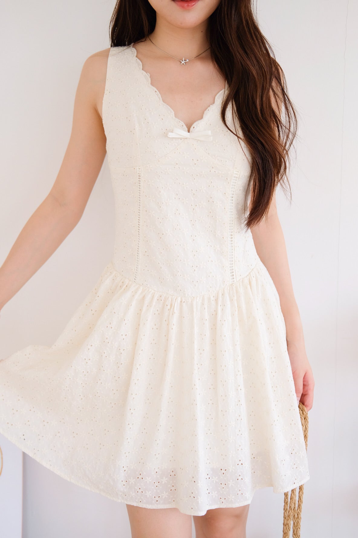 Reyna V Neck Eyelet Skater Dress (Cream)