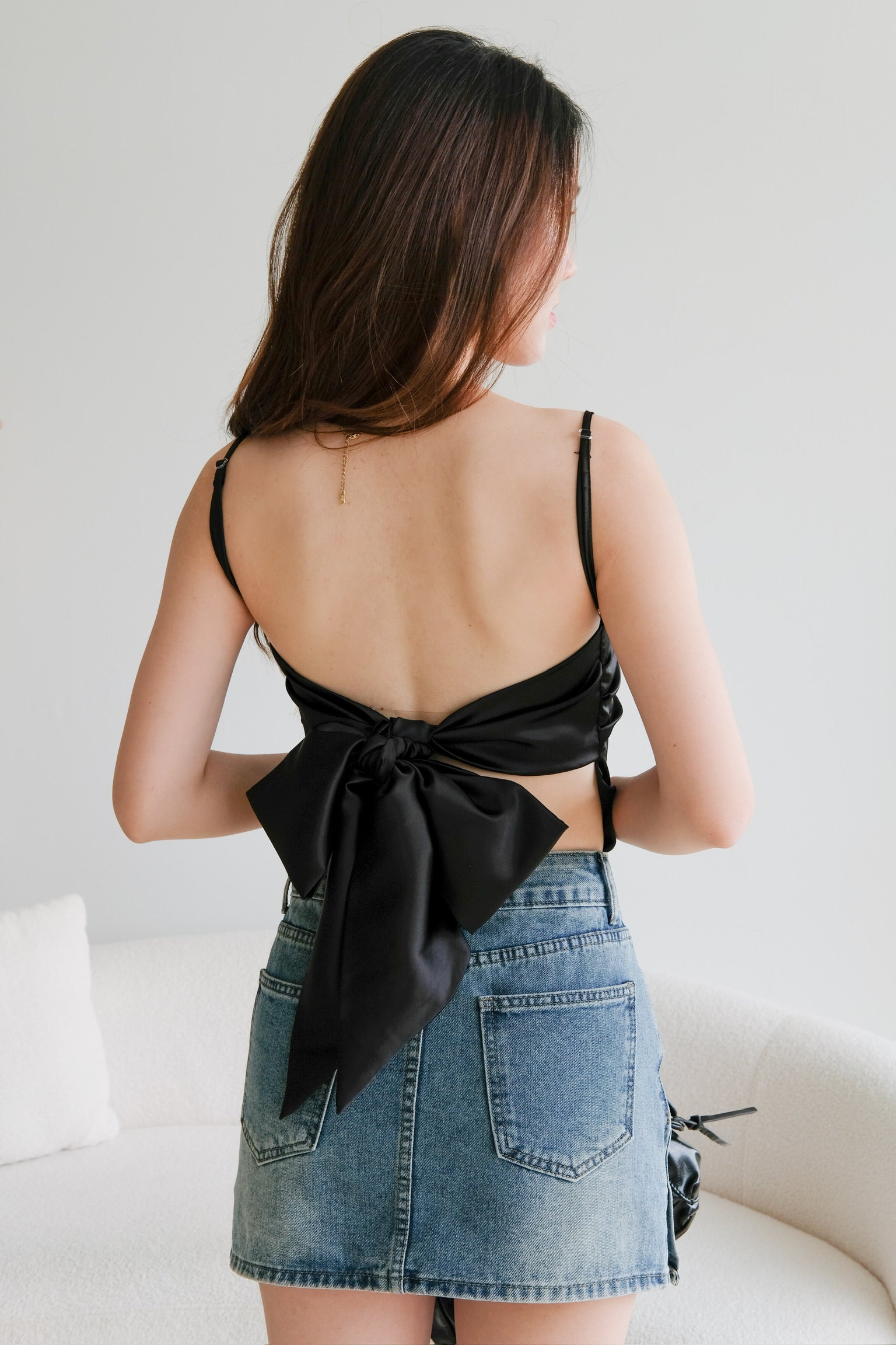 Emma Bareback Satin Top (Black)