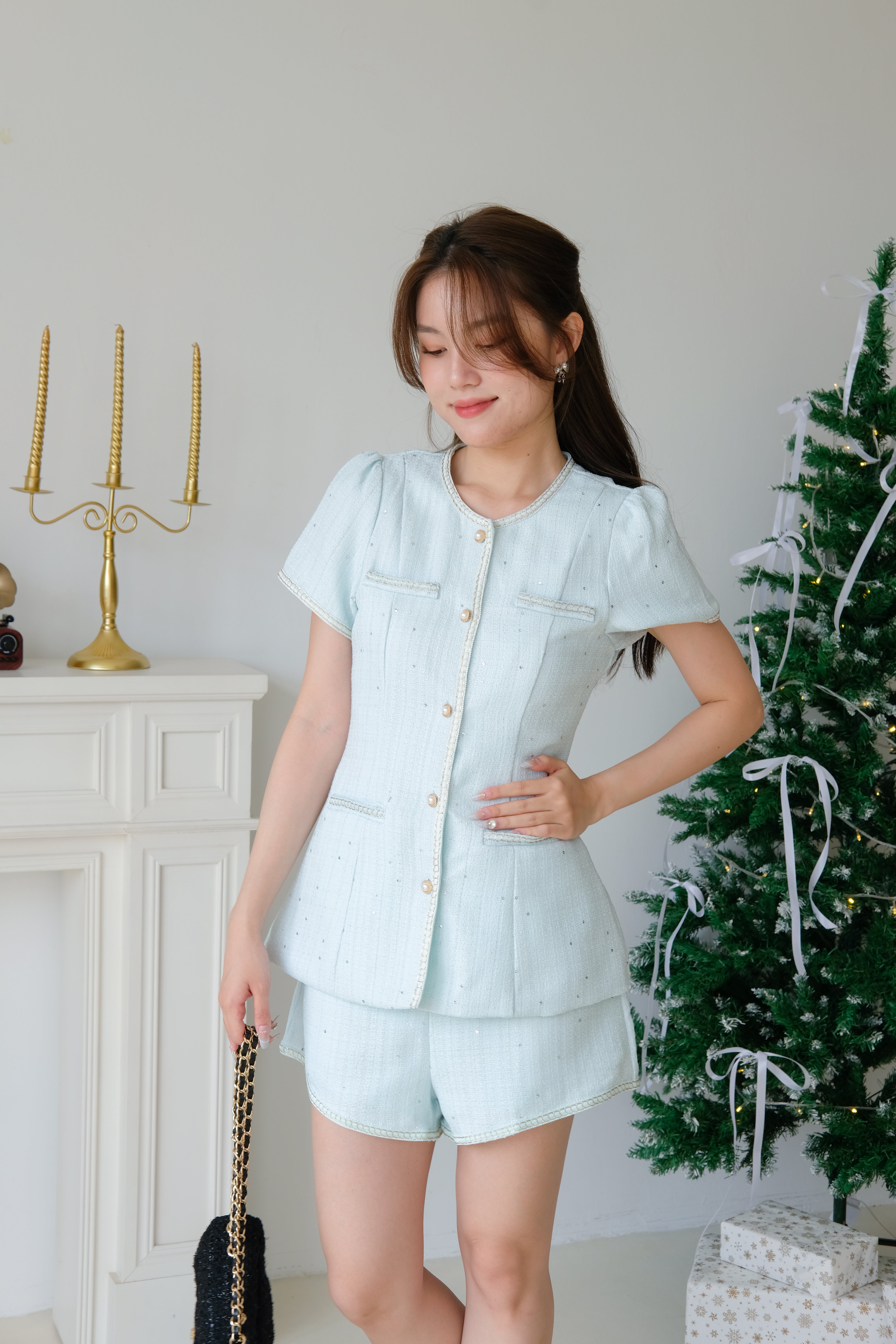 Agnes Trimming Tweed Set (Light Blue)