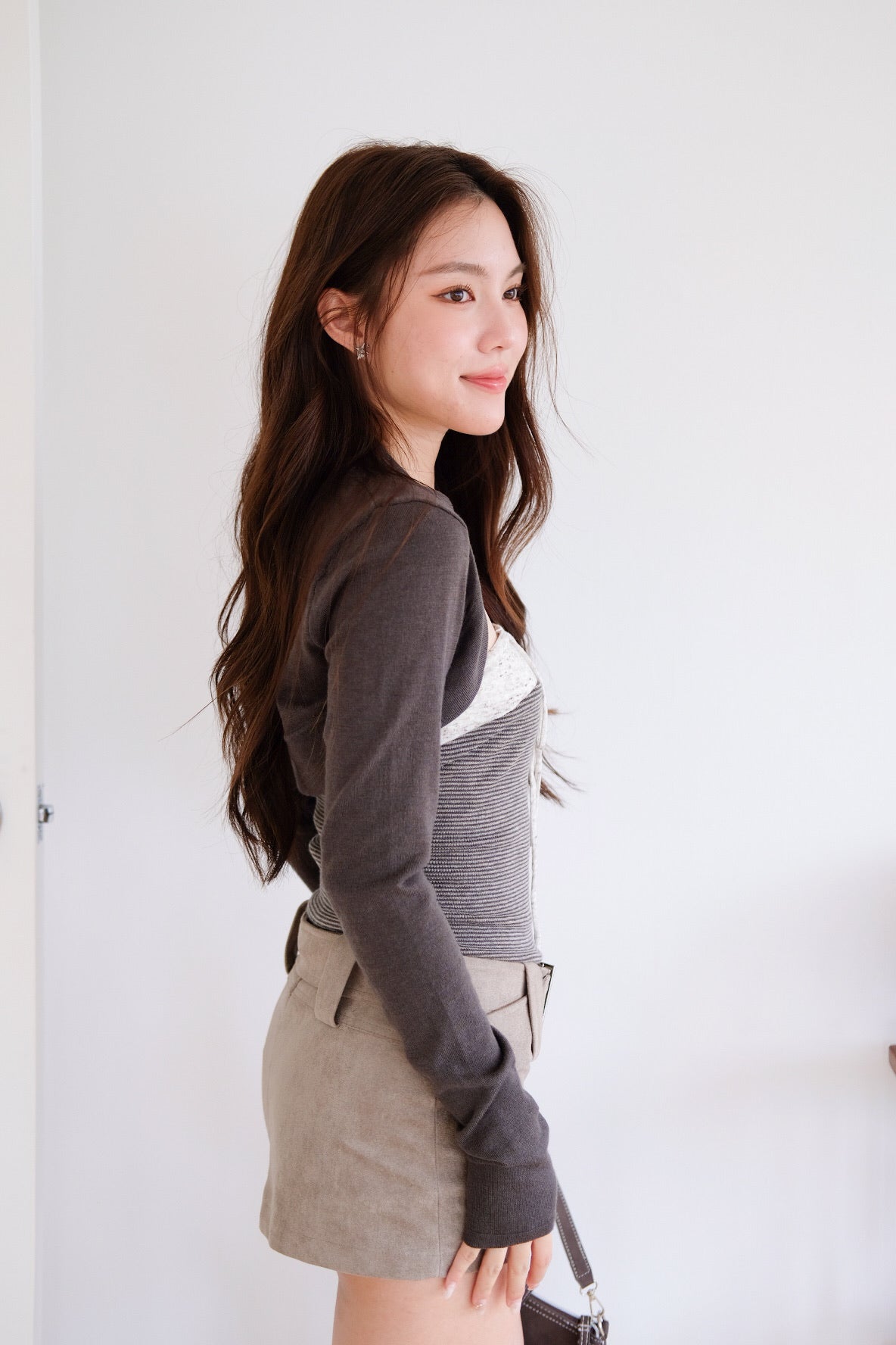 Caitlin Tube Stripes 2 in 1 Cardigan Set (Coffee Brown)