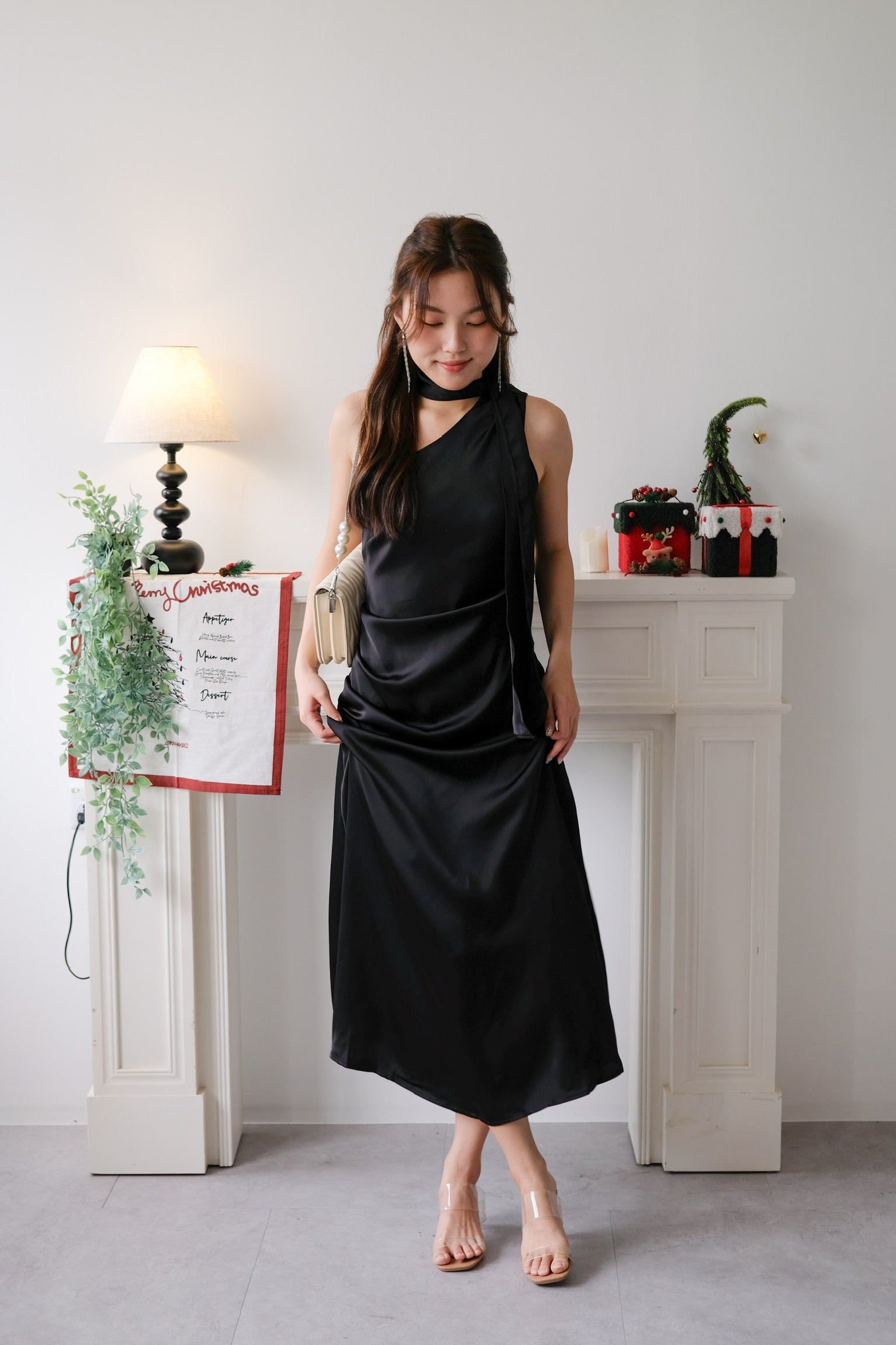 Caelyn Satin Toga Dinner Dress (Black)