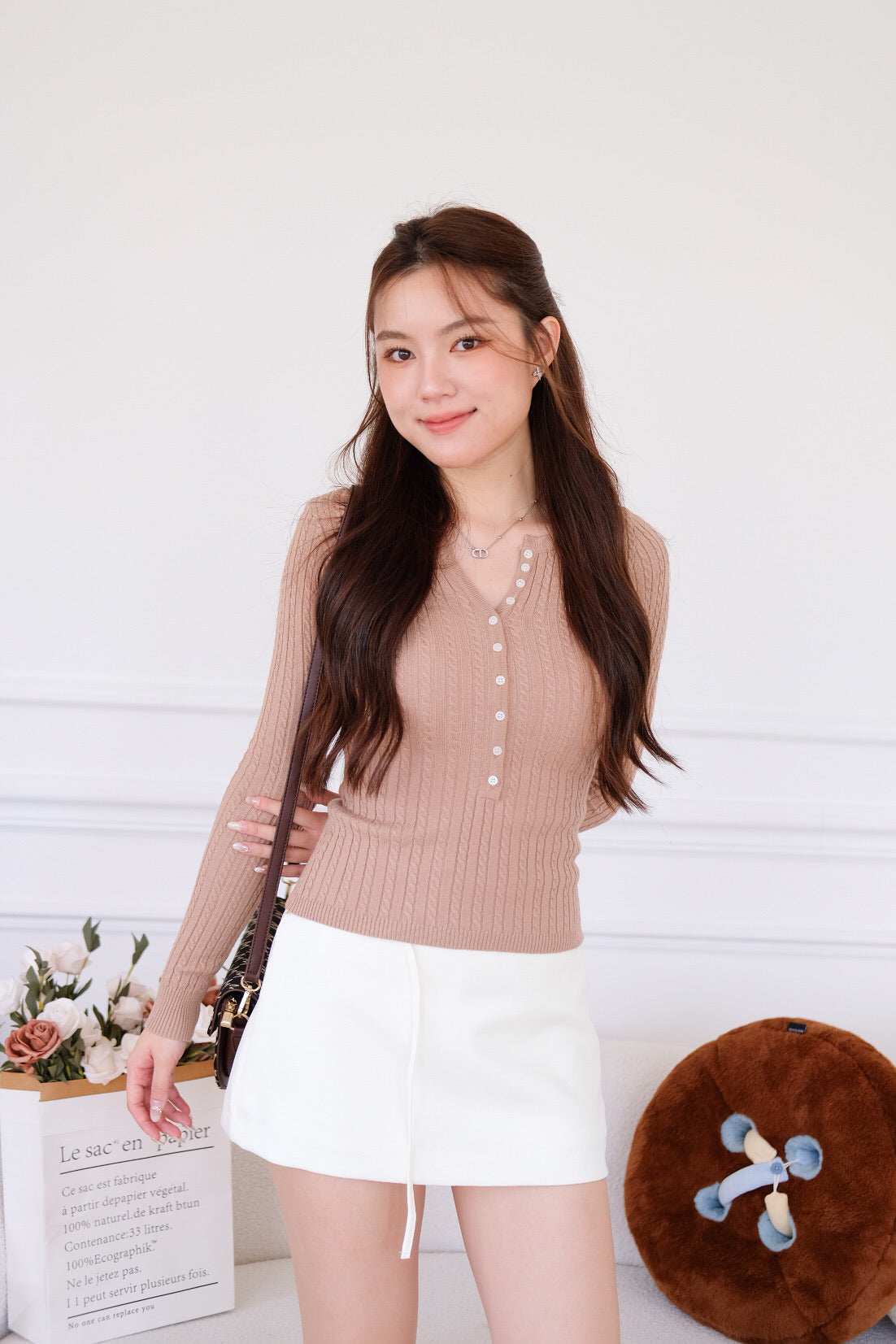 Cecily Buttoned Long Sleeves Knit Top (Camel Brown) [ETA 13 Oct]