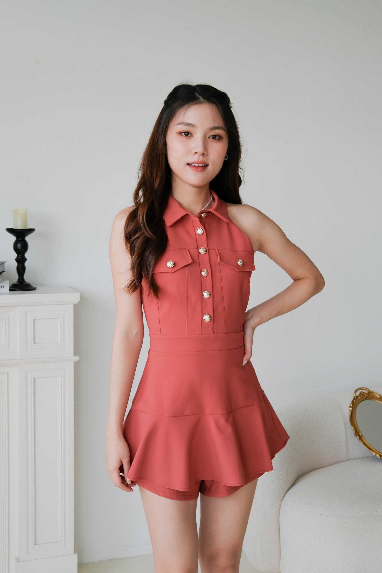 Dionne Gold Button Collared Romper (Brick Red)