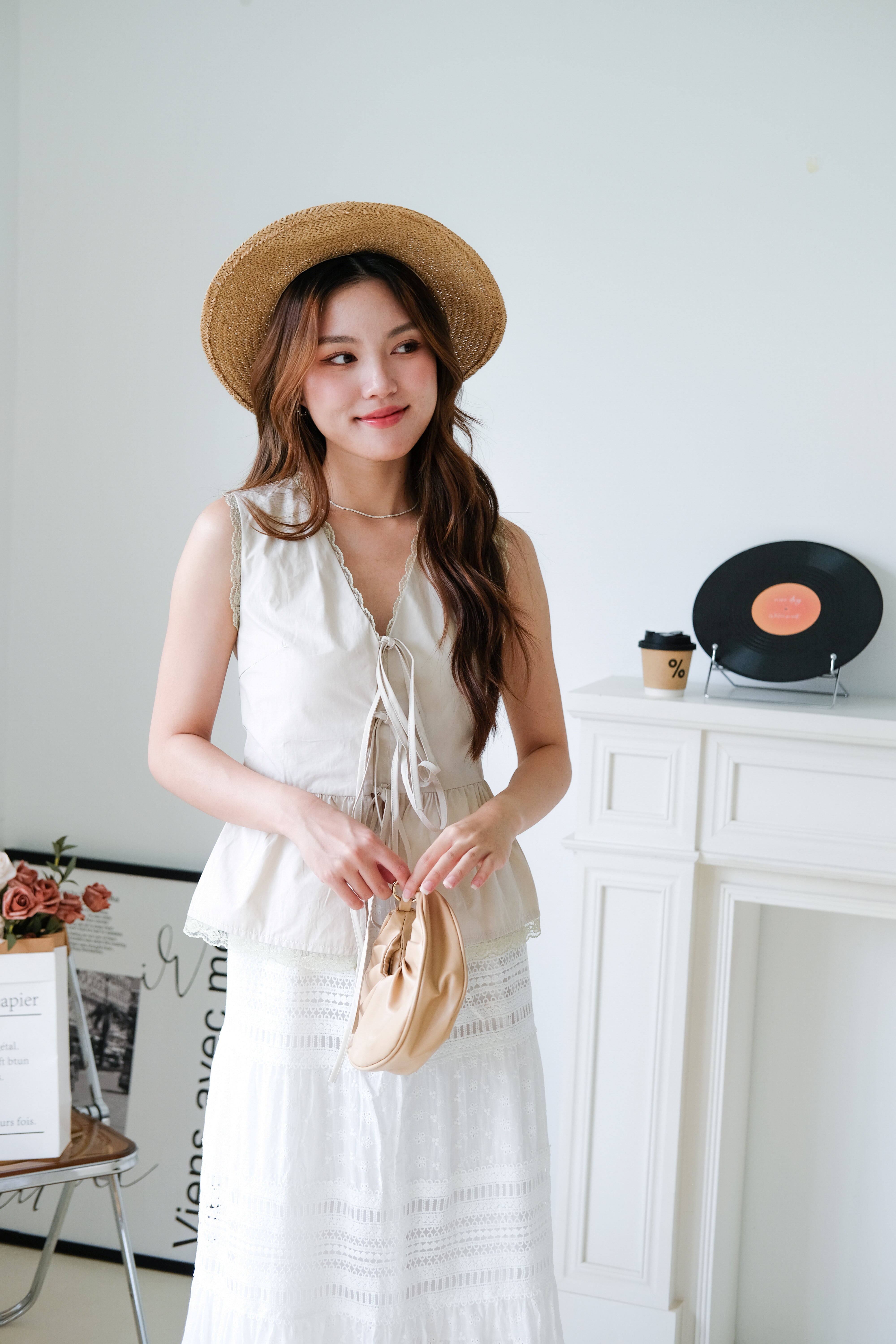 Jeanne Lace Drawstring Peplum Top (Taupe)