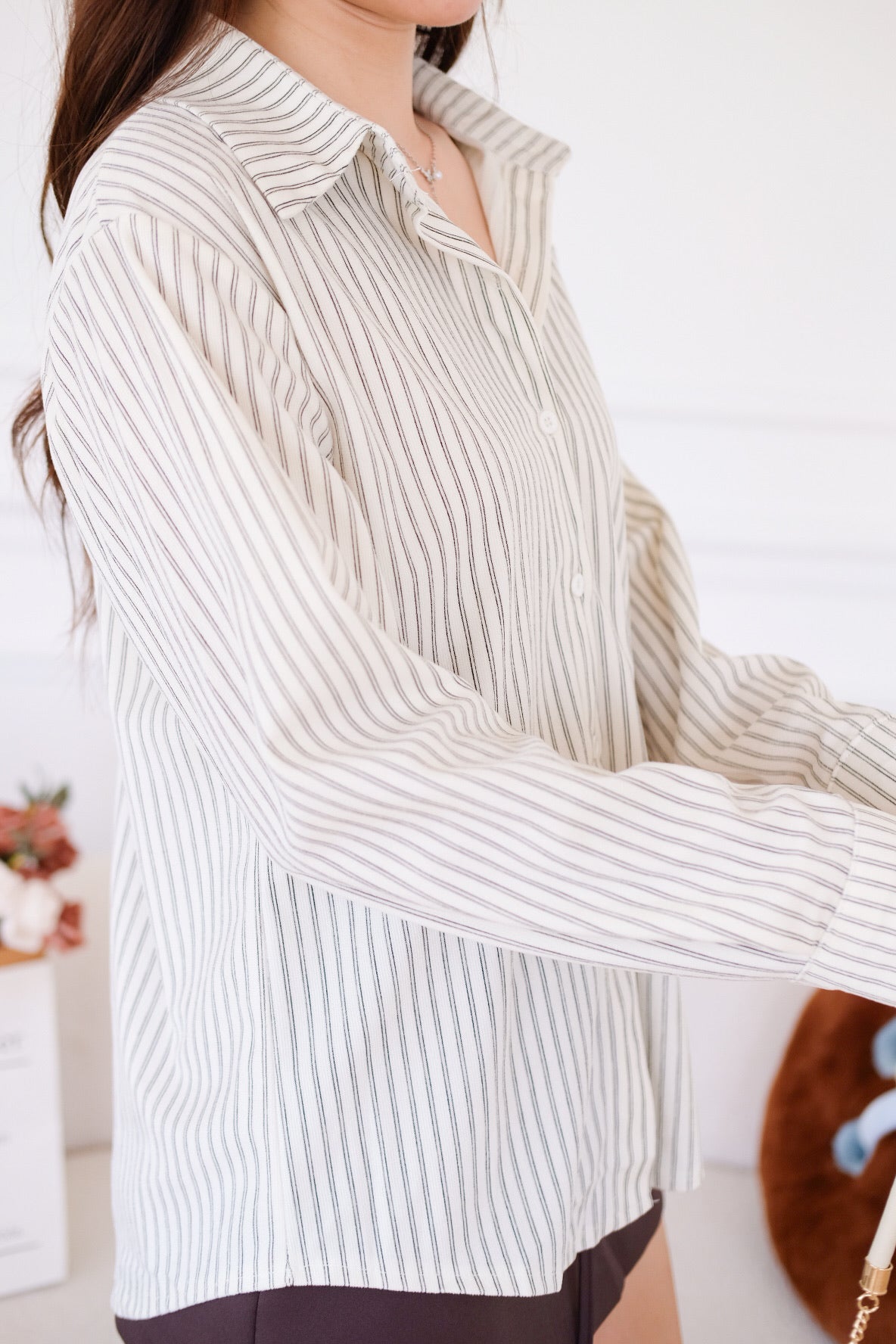 Henley Pinstripe Suede Shirt (Cream)