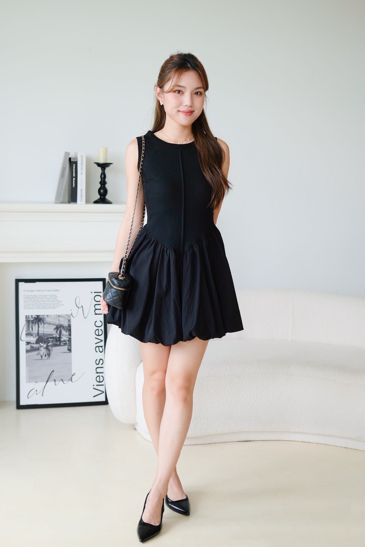 Carmen Ribbed Bubble Dress (Black)