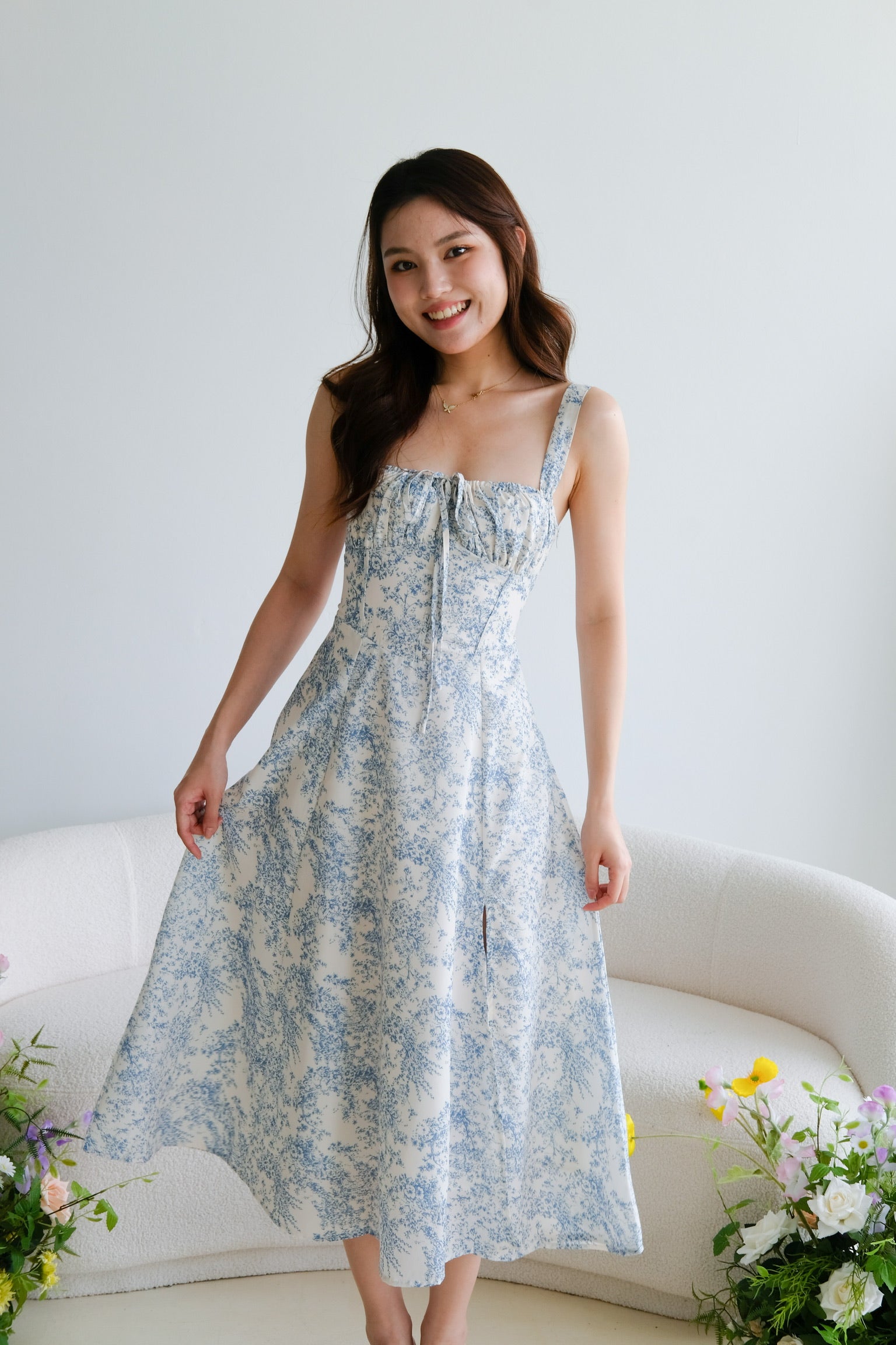 Maisy Ruched Porcelain Maxi Dress (Sky Blue)