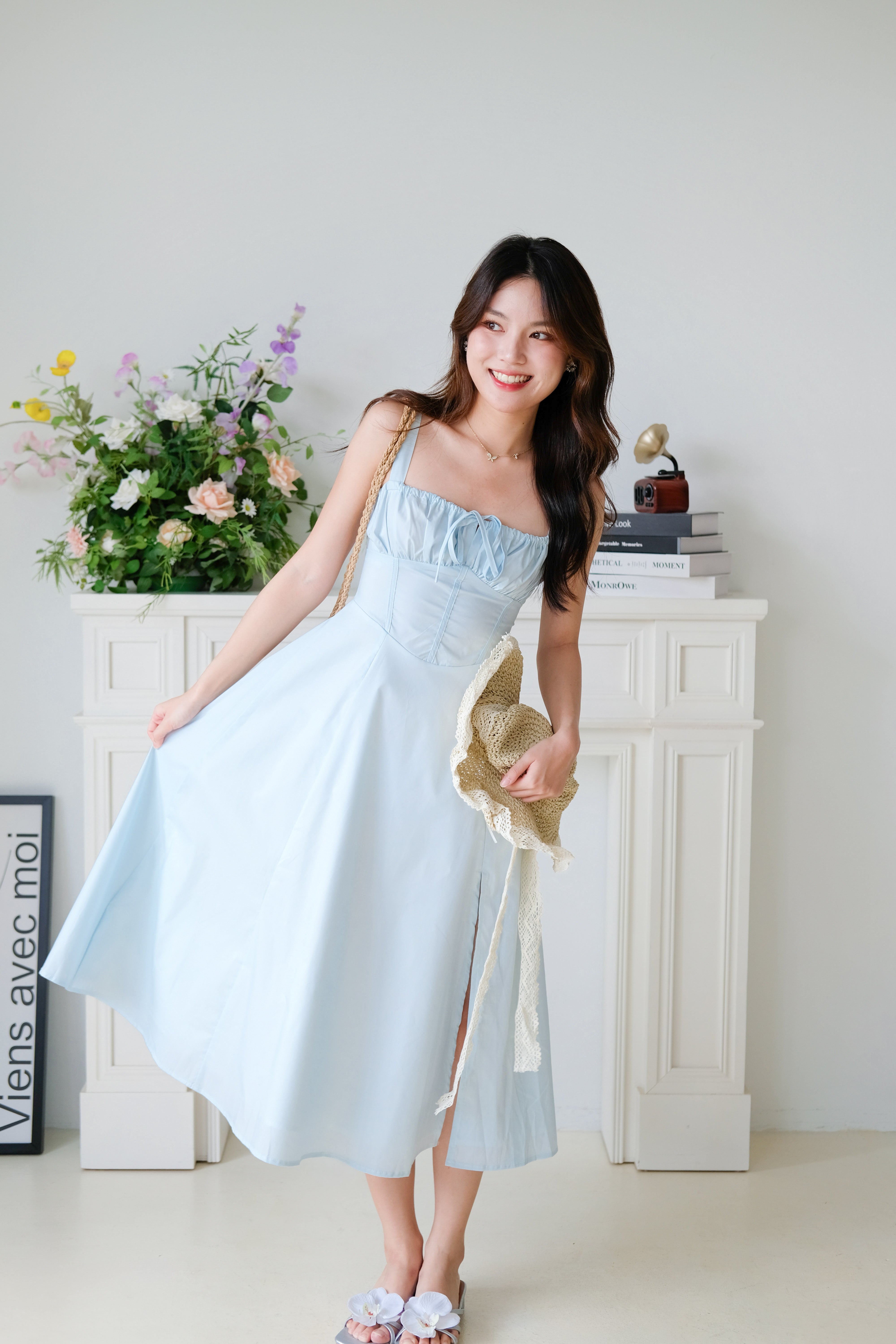 Claire Ruched Slit Midaxi Dress (Sky Blue)
