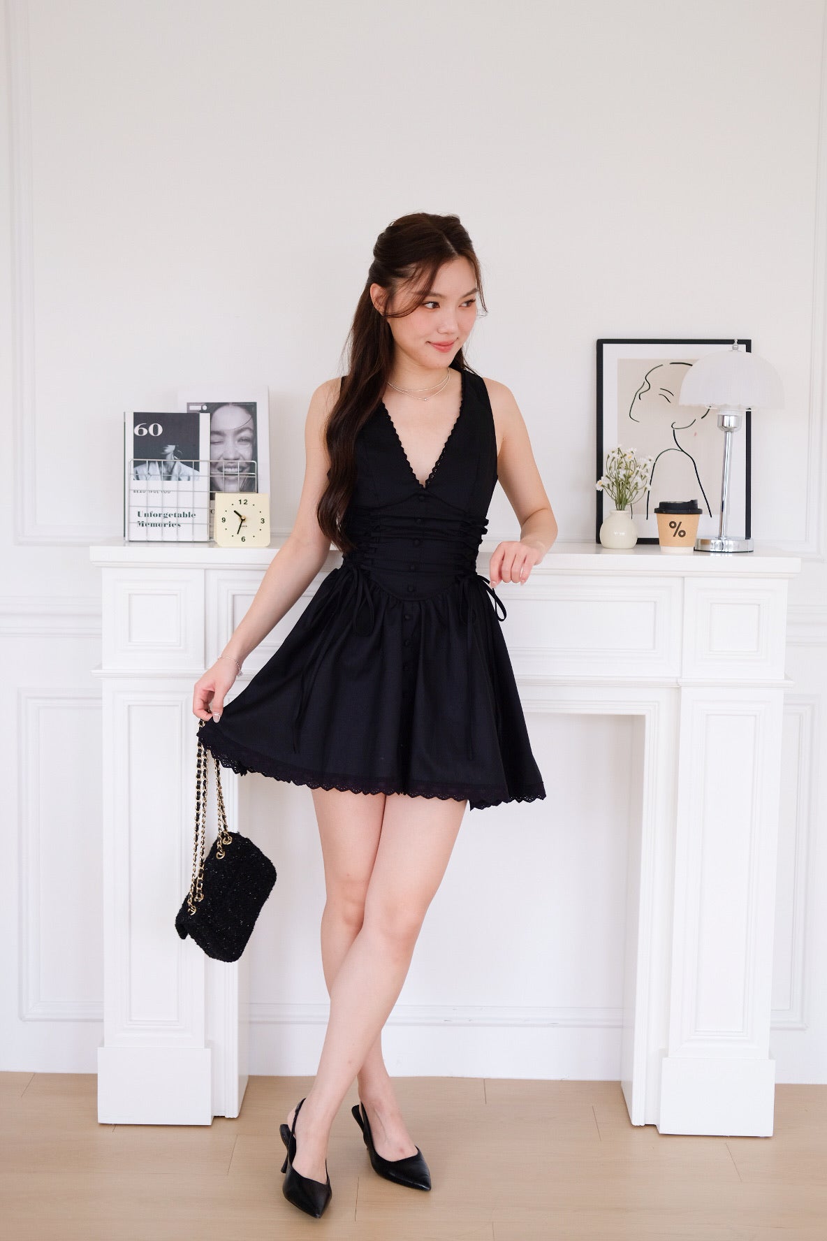Elaine Lace Up Skater Dress (Black) [ETA 10 Sept]