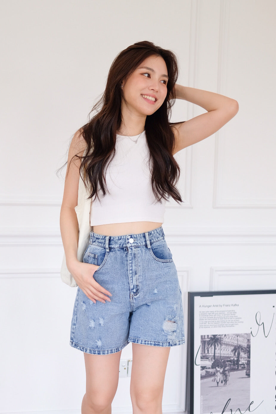 Easy Going Ripped Denim Mom Shorts (Mid Blue)