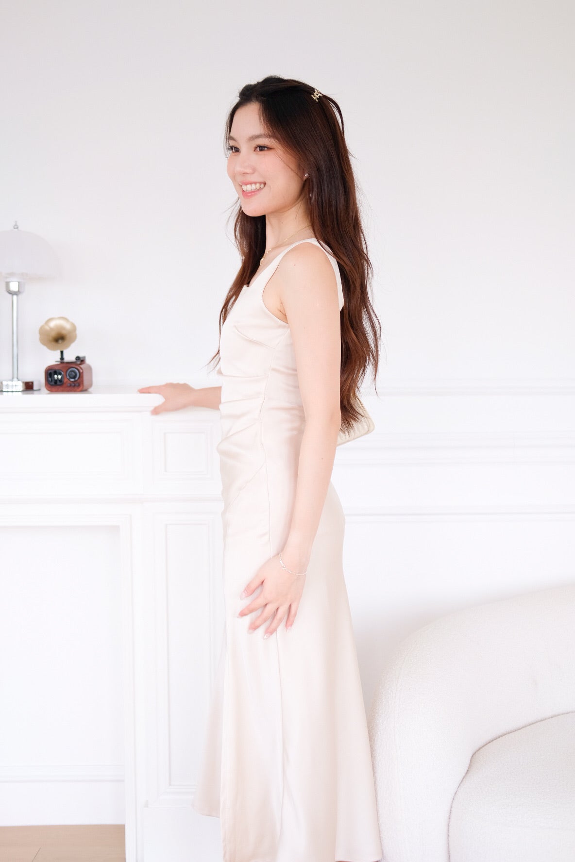 Serena Ruched Mermaid Satin Maxi Dress (Champagne)