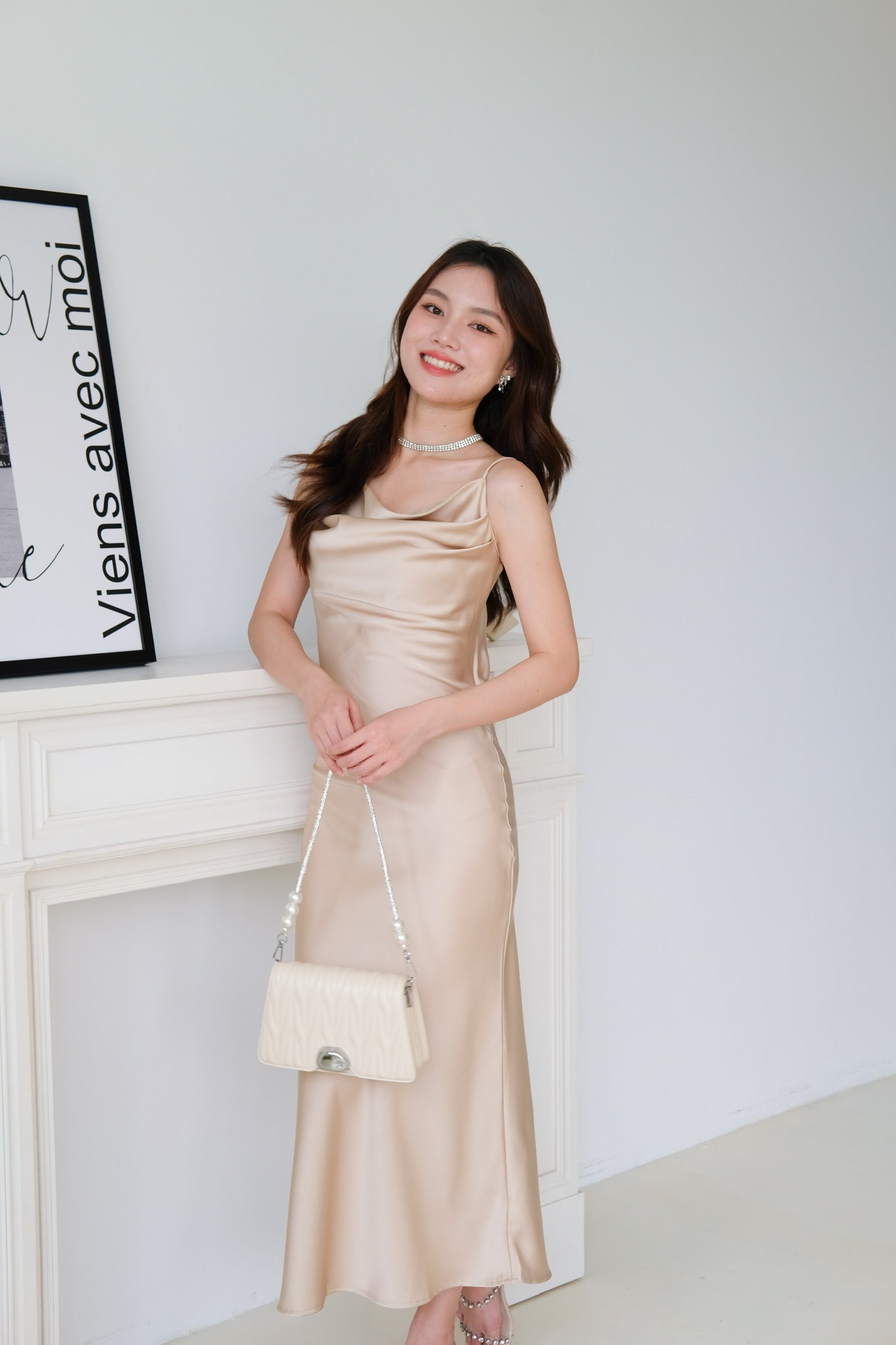 Victoria Cowl Satin Bareback Maxi Dress (Champagne)