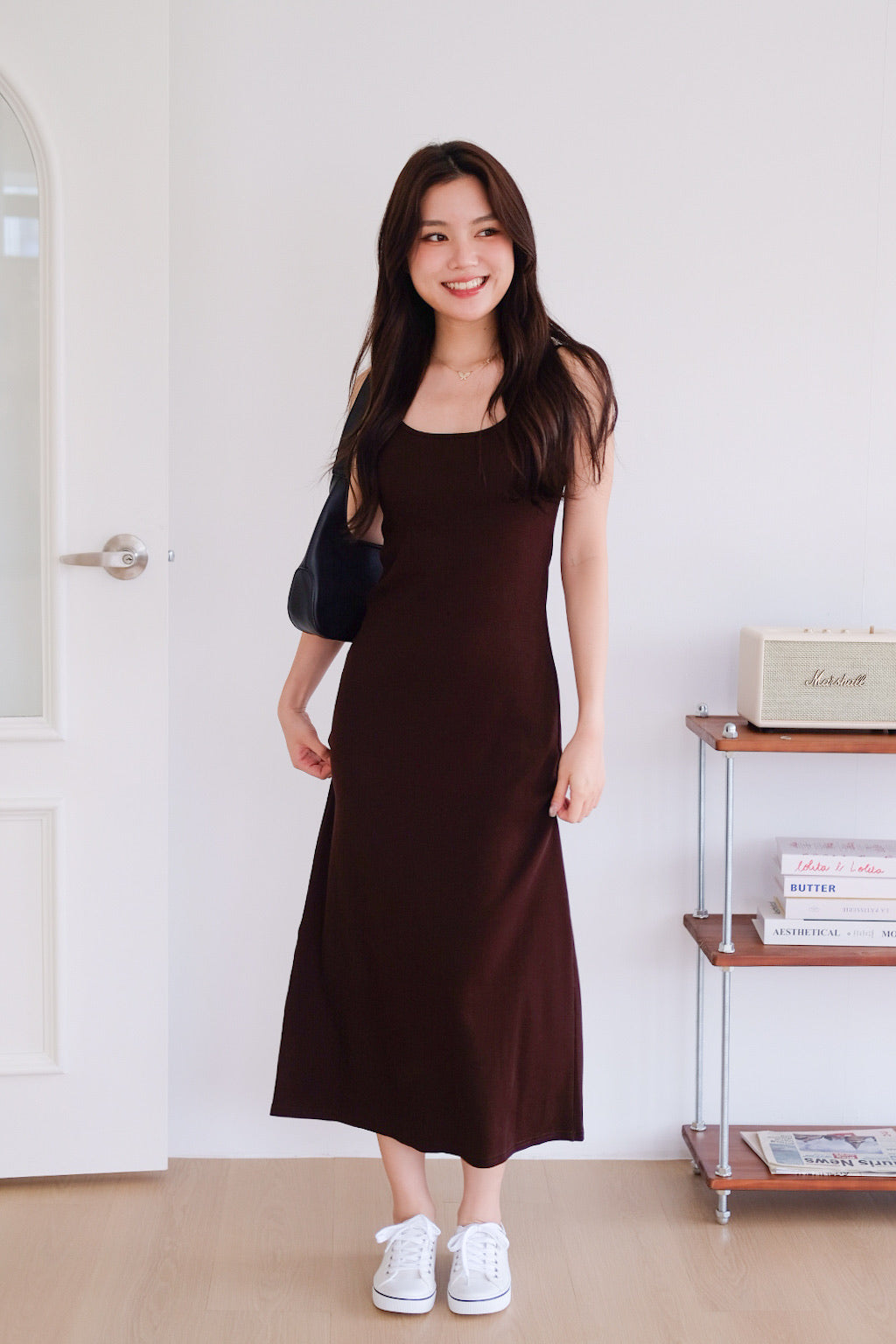 Jocelyn Padded Ribbed A Line Dress (Espresso Brown)