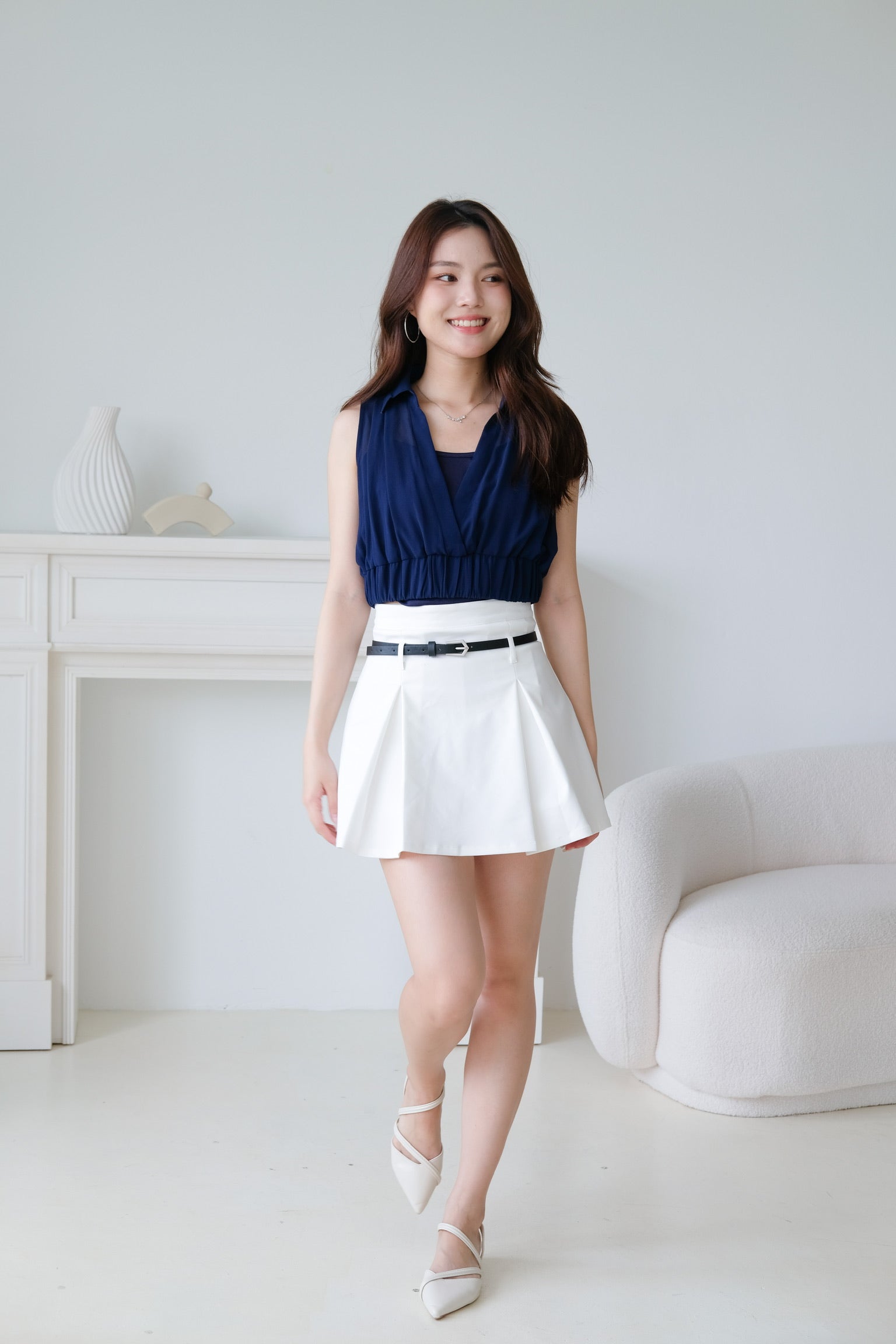 Eva Belt Thick Pleat Skirt (White)