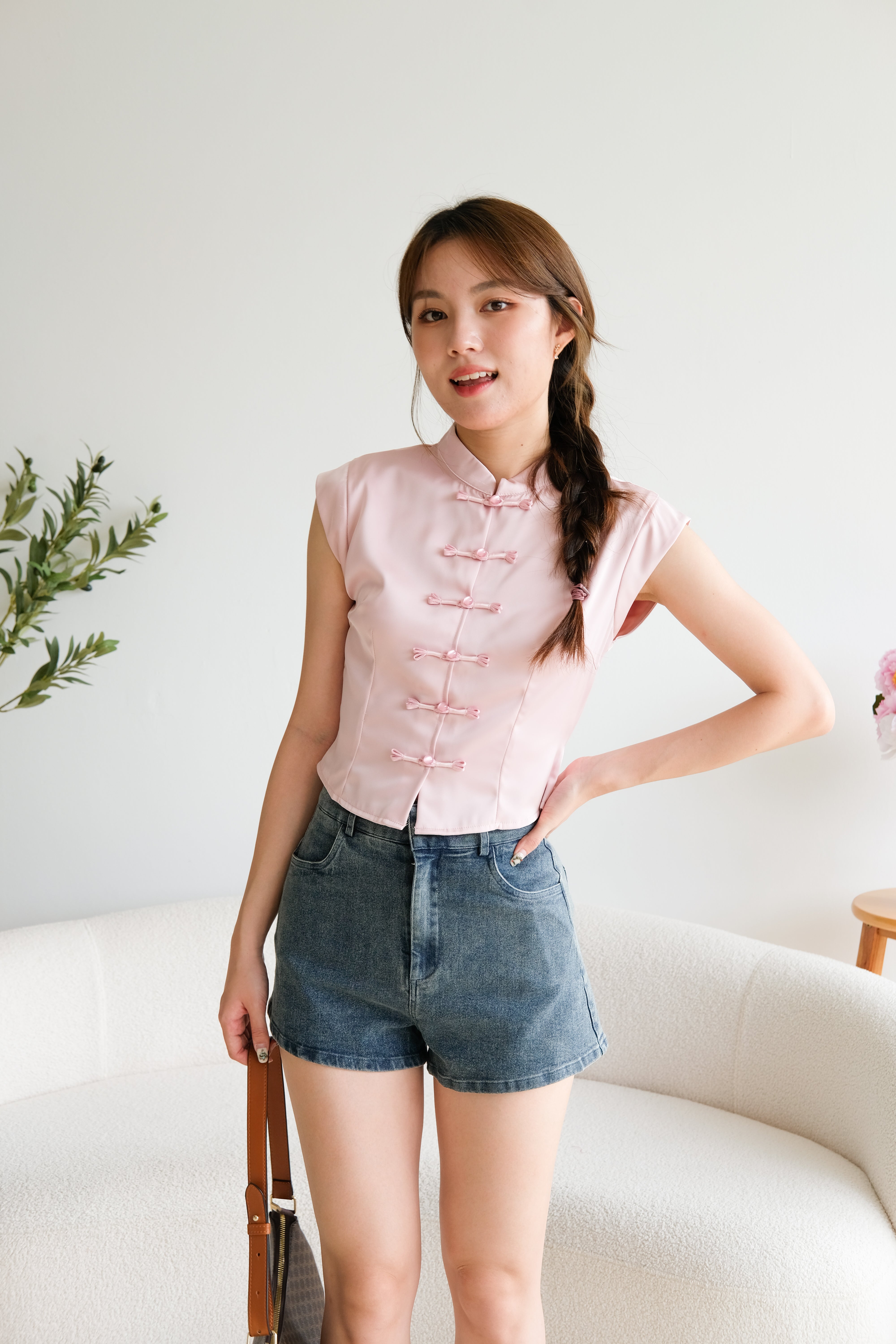 Ren Mandarin Button Cheongsam Top (Light Pink)