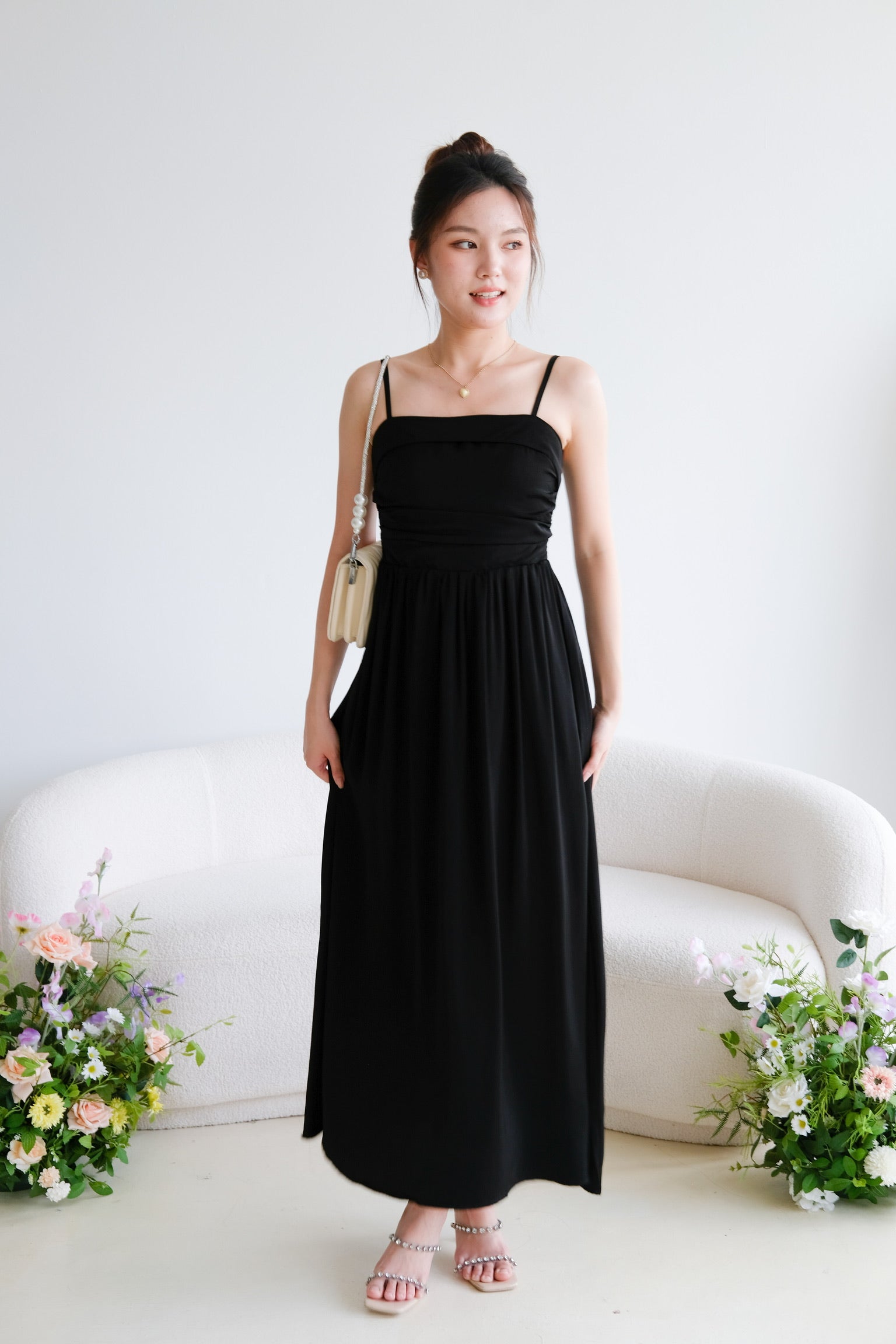 Helen Ruched Flare Maxi Dress (Black)