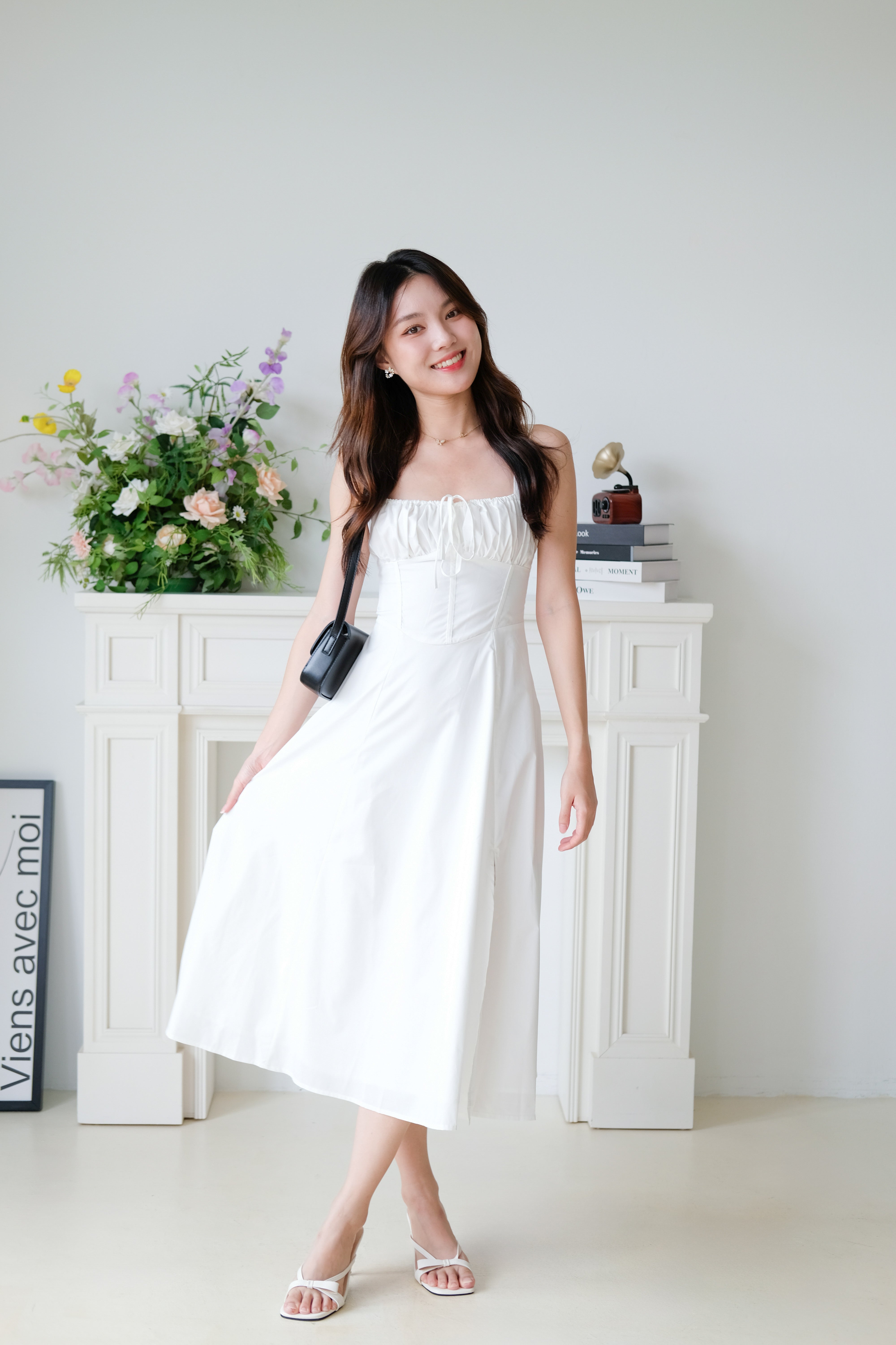 Claire Ruched Slit Midaxi Dress (White)