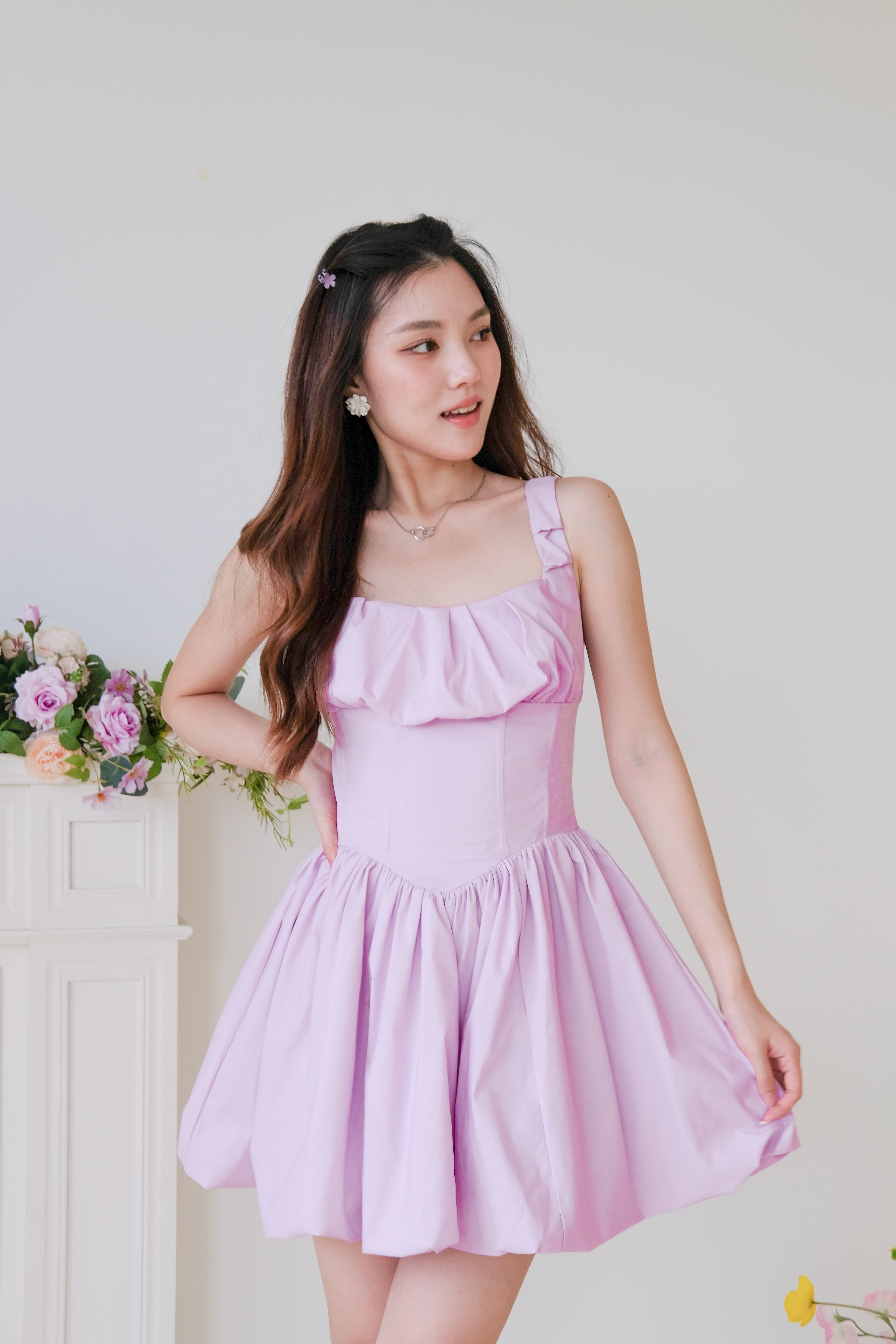 Carine Ruched Bubble Dress (Lavender Purple)