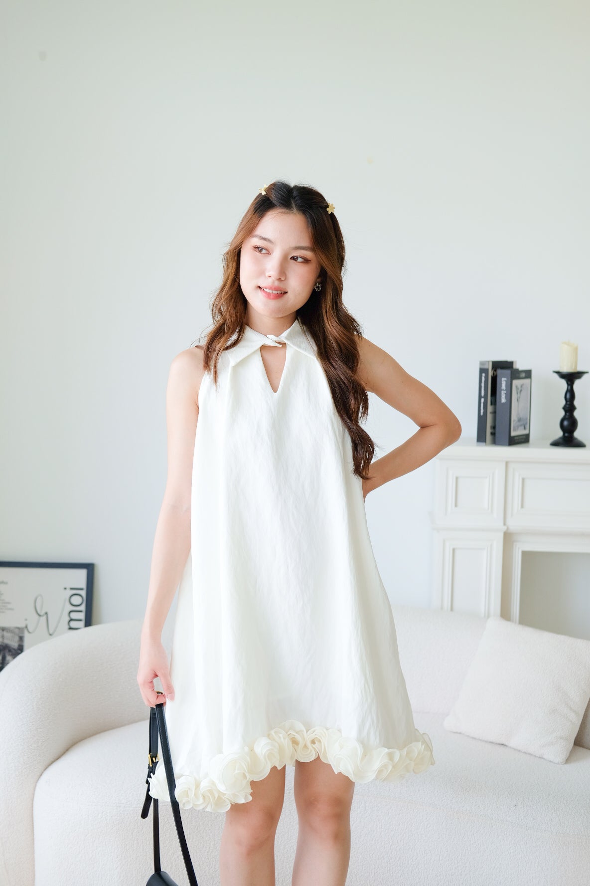 Natasha Collared Ruffle Loose Dress (Cream)