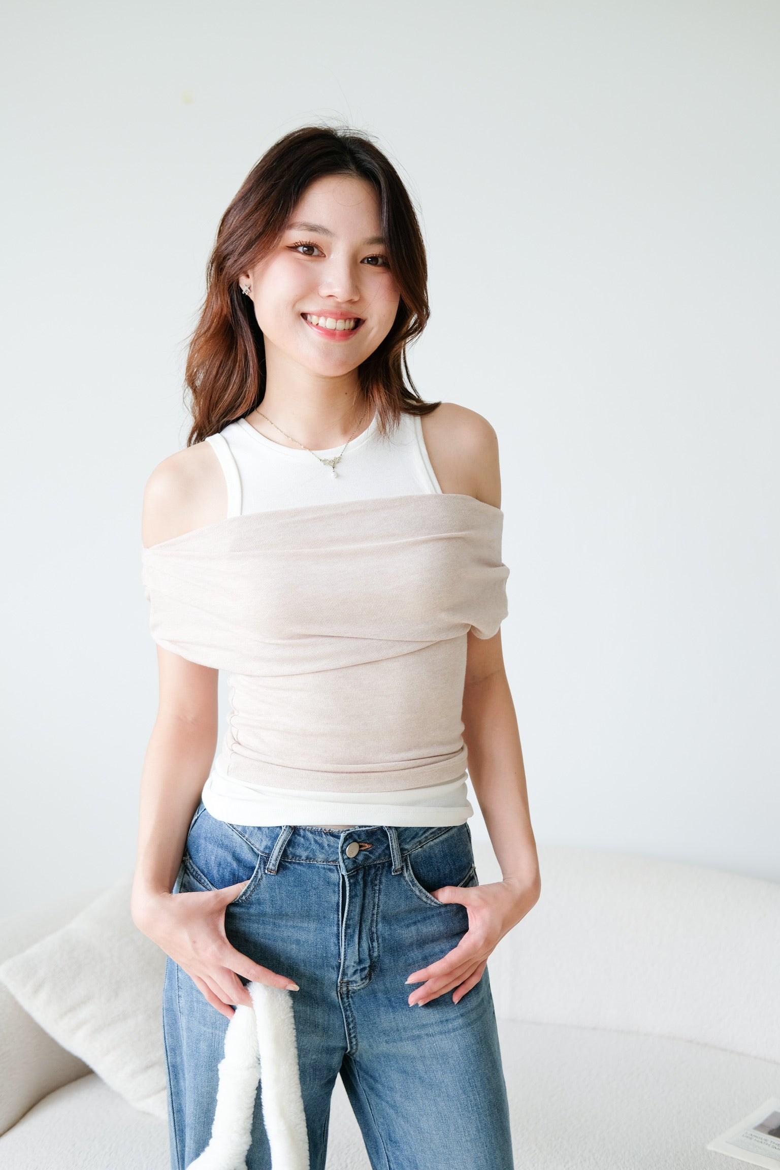Mila Cold Shoulder Cotton Tank Top (Oat Beige)