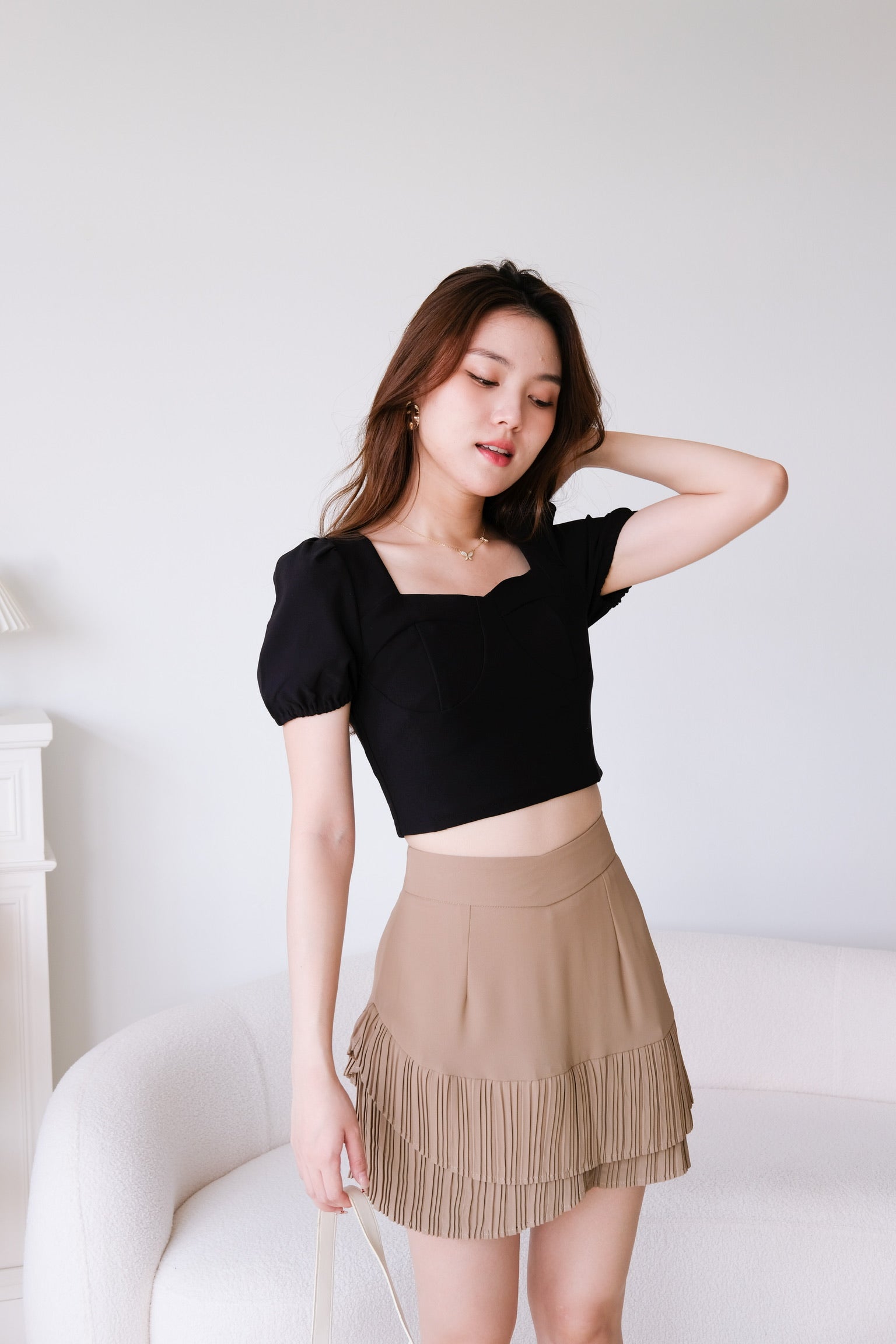 Shea Irregular Pleated Skirt (Khaki)