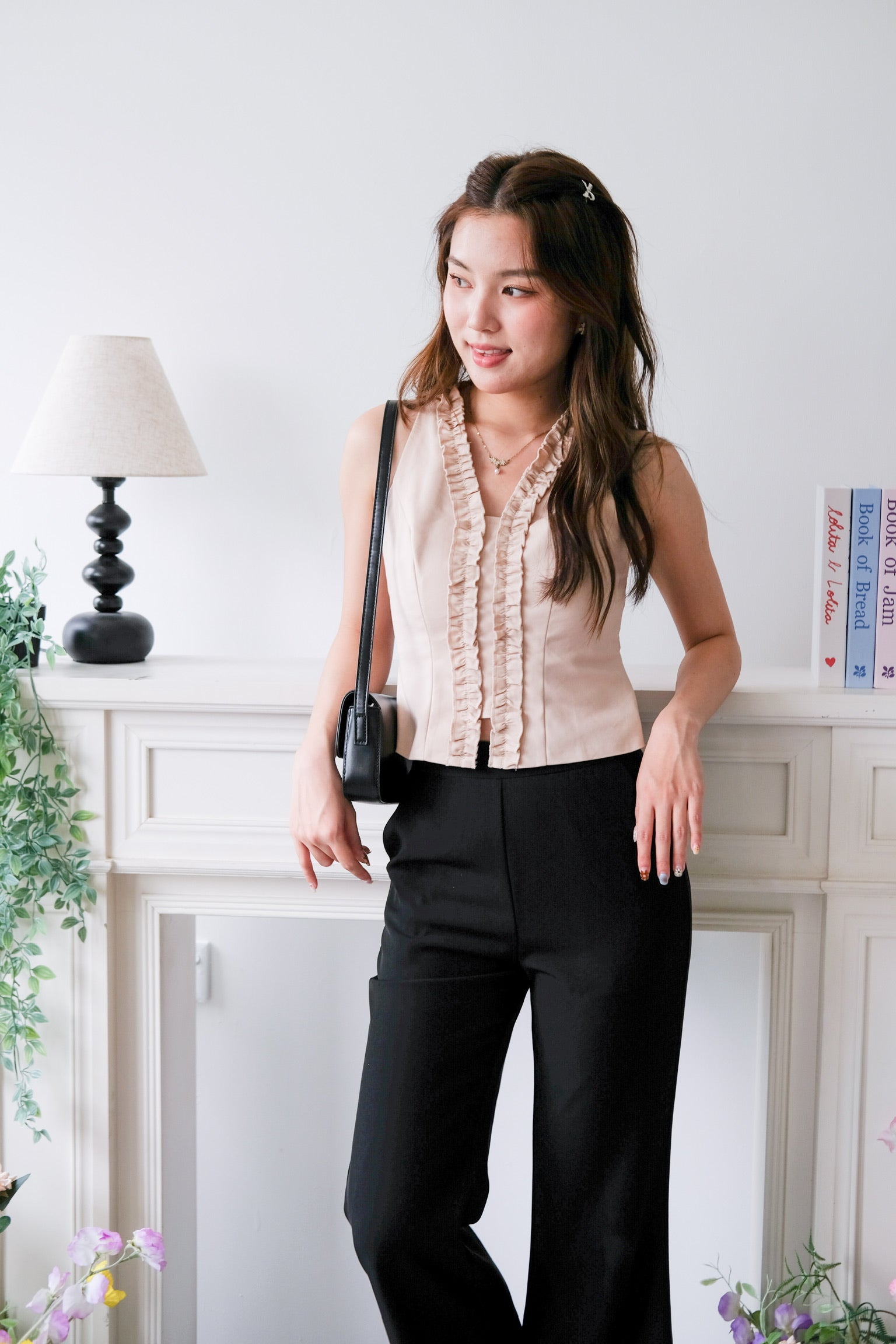 Evangeline Frills V Neck Top (Beige)