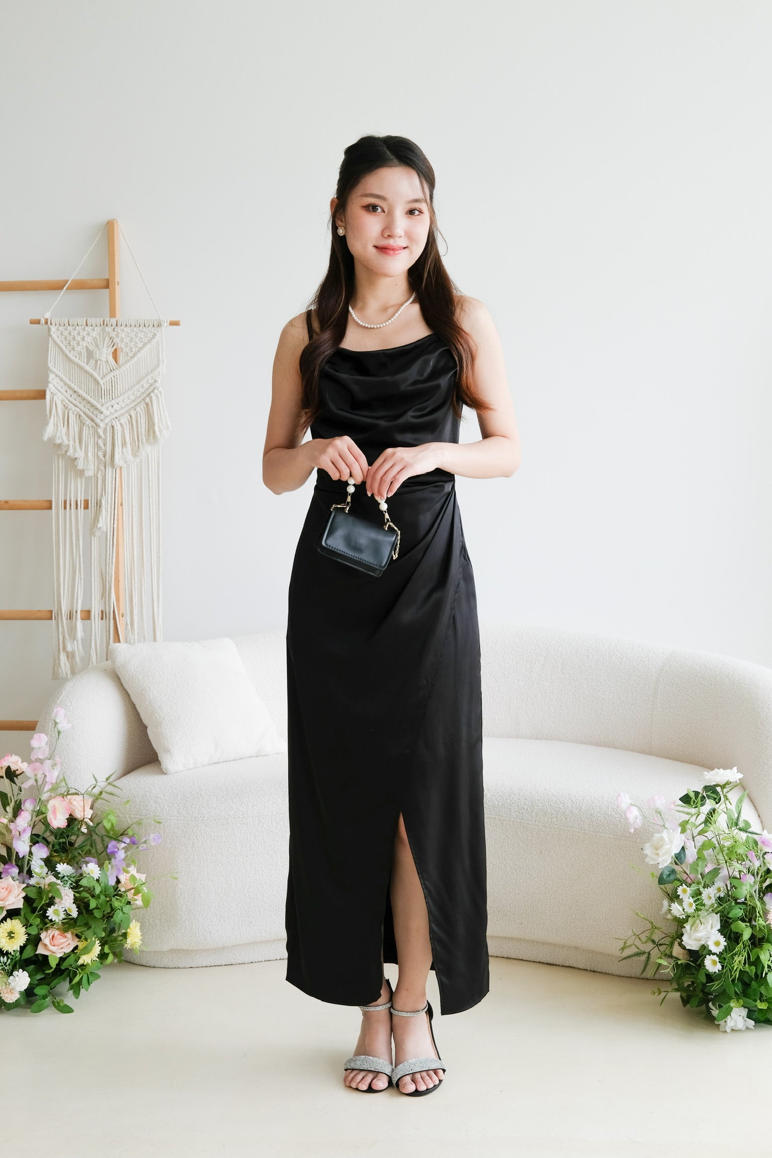 Sheryl Draped Satin Maxi Dress (Black)