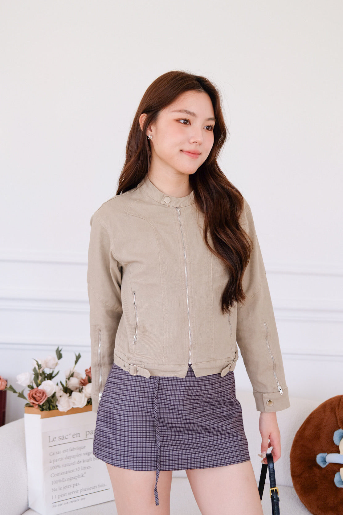 Maren Zip Cropped Denim Jacket (Taupe Grey)