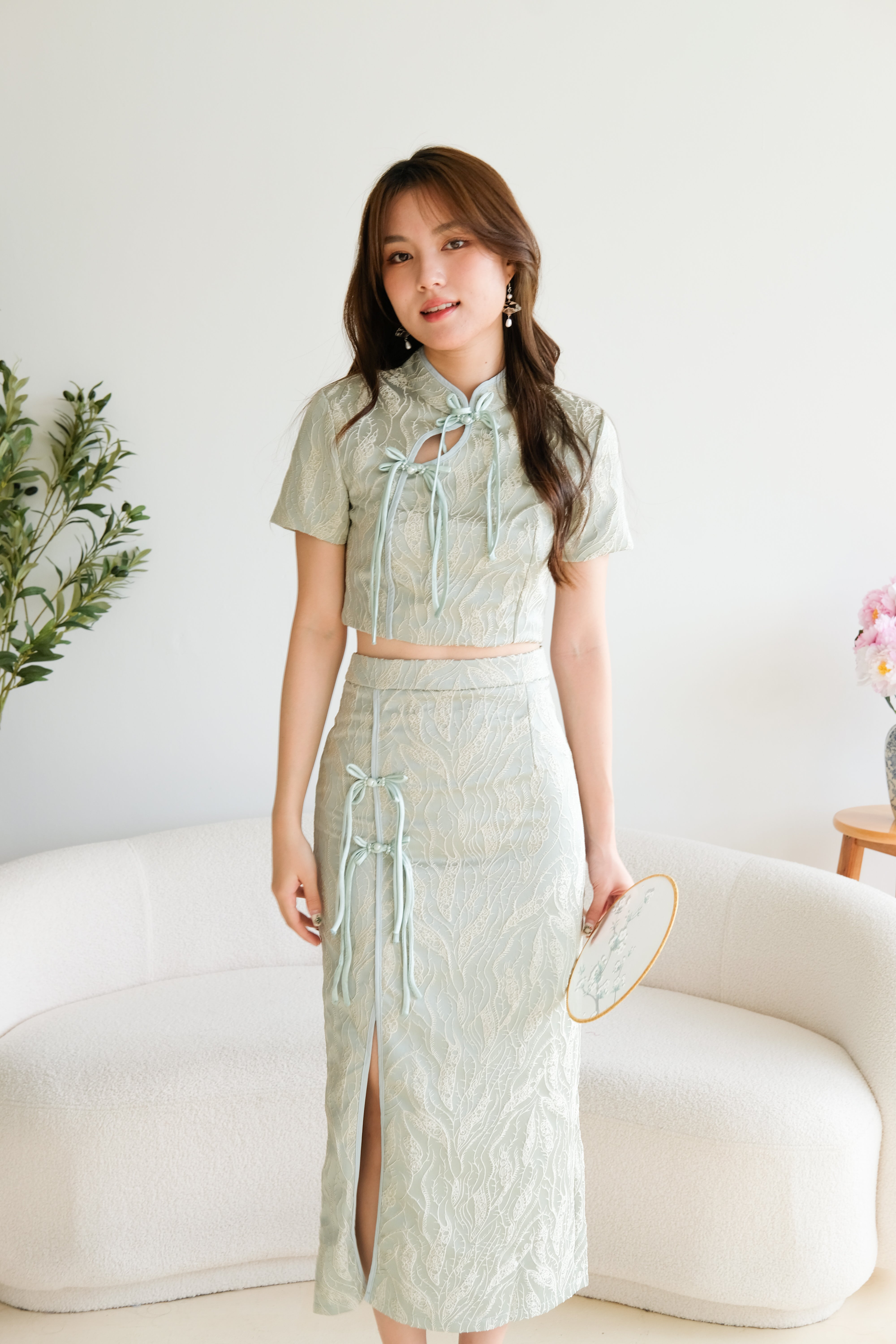 Ying Modern Midi Cheongsam Set (Light Pine Green)