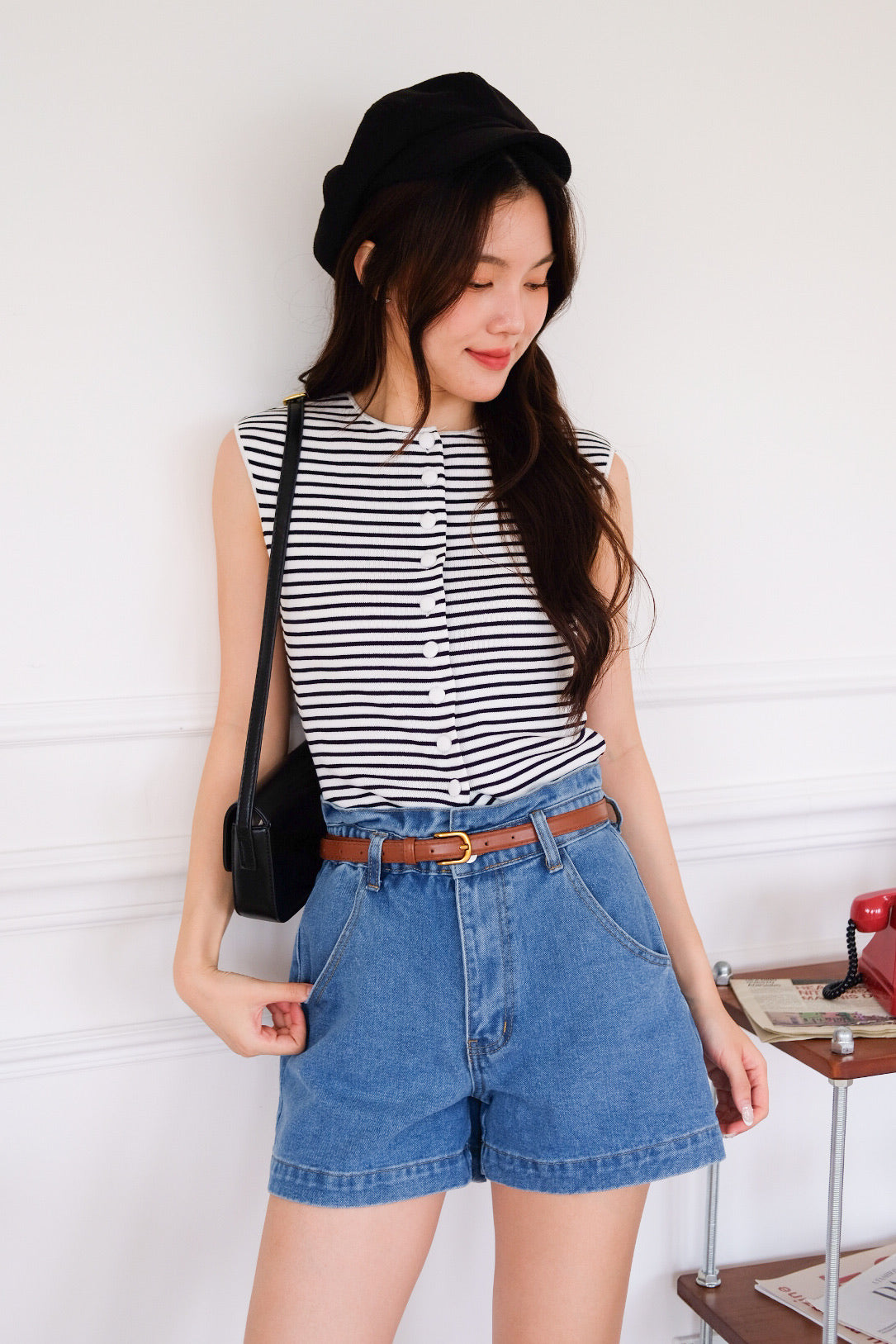 Hudson Belted High Waist Denim Shorts (Light Blue)
